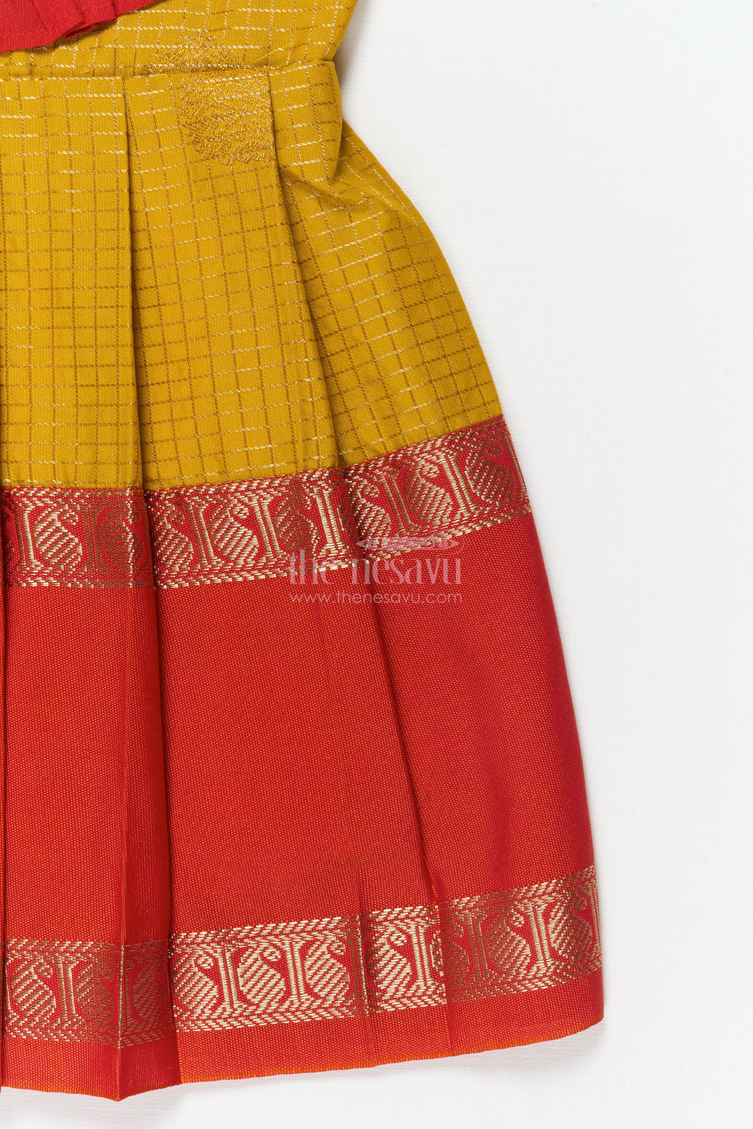 The Nesavu Girls Kanchi Silk Frock Baby Girl Silk Frock for Festive Days and Traditional Housewarming Events Nesavu Nesavu baby girl silk frock with traditional border and pleated yoke for festive family occasions