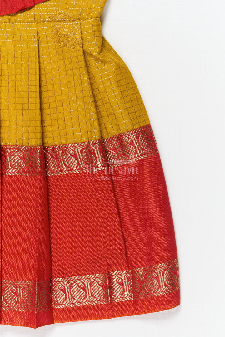 The Nesavu Girls Kanchi Silk Frock Baby Girl Silk Frock for Festive Days and Traditional Housewarming Events Nesavu Nesavu baby girl silk frock with traditional border and pleated yoke for festive family occasions