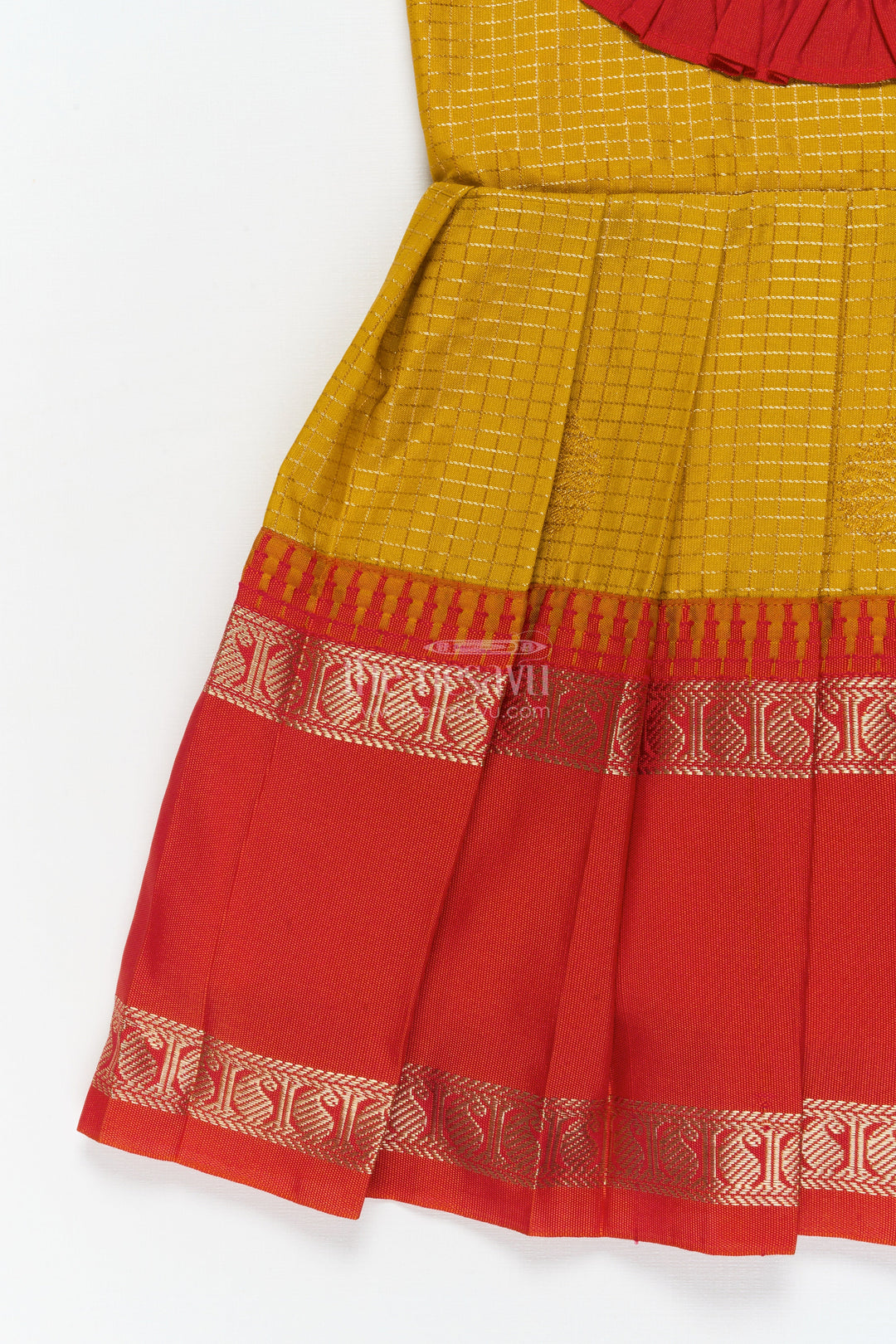 The Nesavu Girls Kanchi Silk Frock Baby Girl Silk Frock for Festive Days and Traditional Housewarming Events Nesavu Nesavu baby girl silk frock with traditional border and pleated yoke for festive family occasions