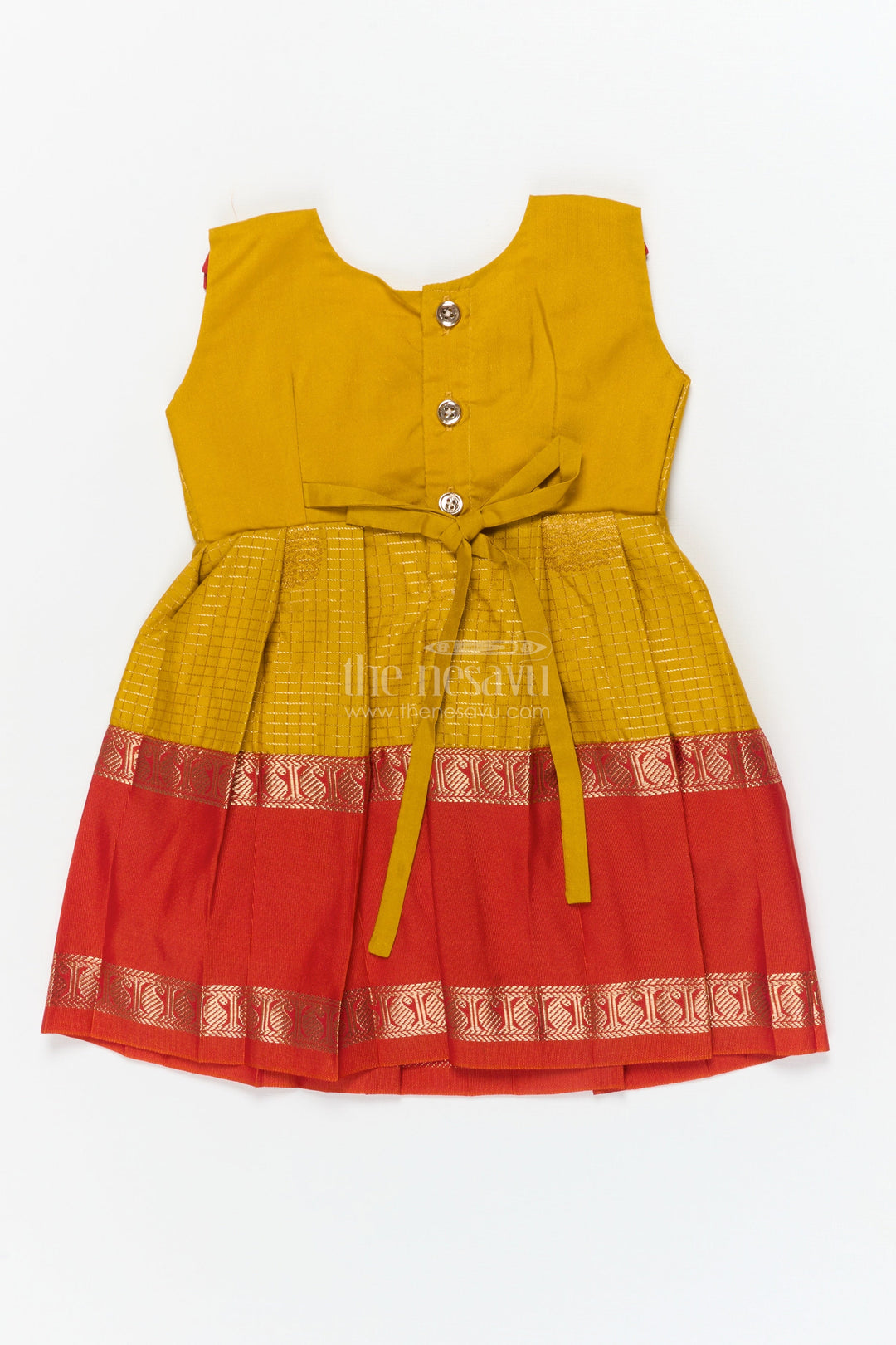 The Nesavu Girls Kanchi Silk Frock Baby Girl Silk Frock for Festive Days and Traditional Housewarming Events Nesavu Nesavu baby girl silk frock with traditional border and pleated yoke for festive family occasions