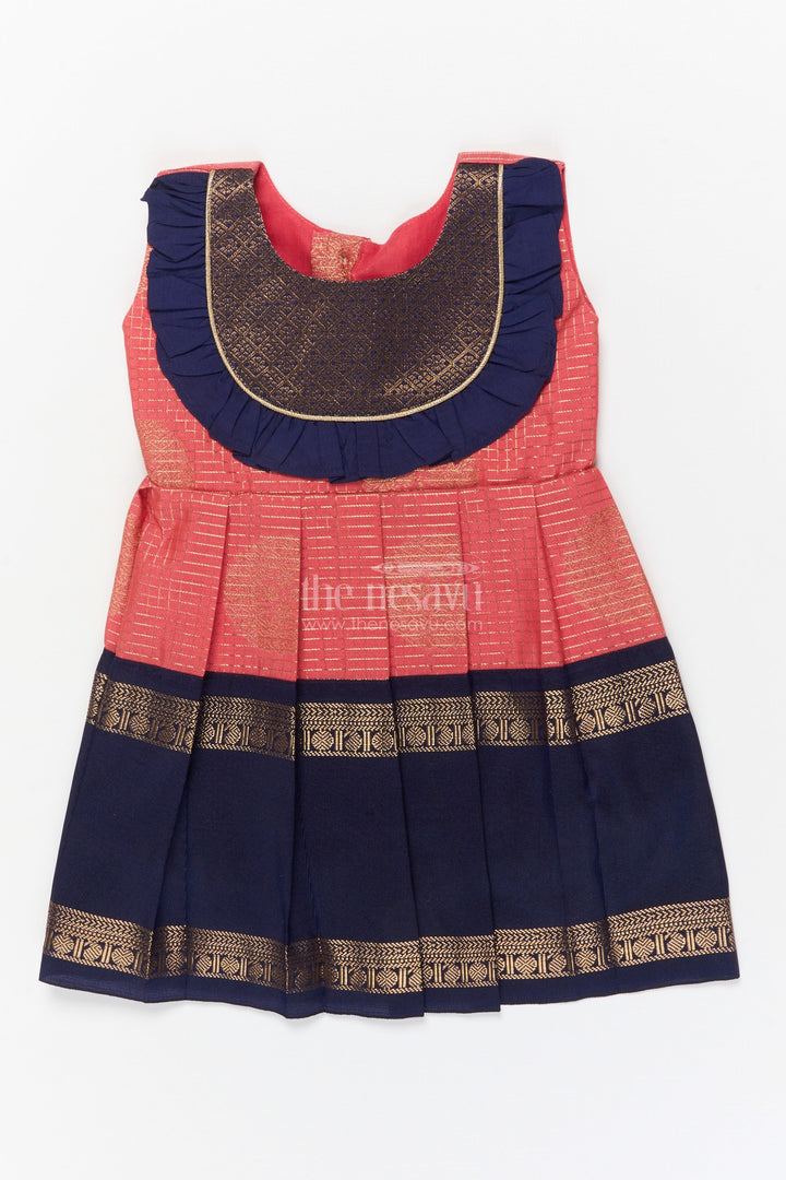 The Nesavu Girls Kanchi Silk Frock Baby Girl Silk Frock for Festive Gatherings and Cultural School Programs Nesavu 10 (NB) / Peach / Style 2 KSF036FB-10 Nesavu baby girl silk frock with zari borders and frilled yoke for festive occasions and school functions