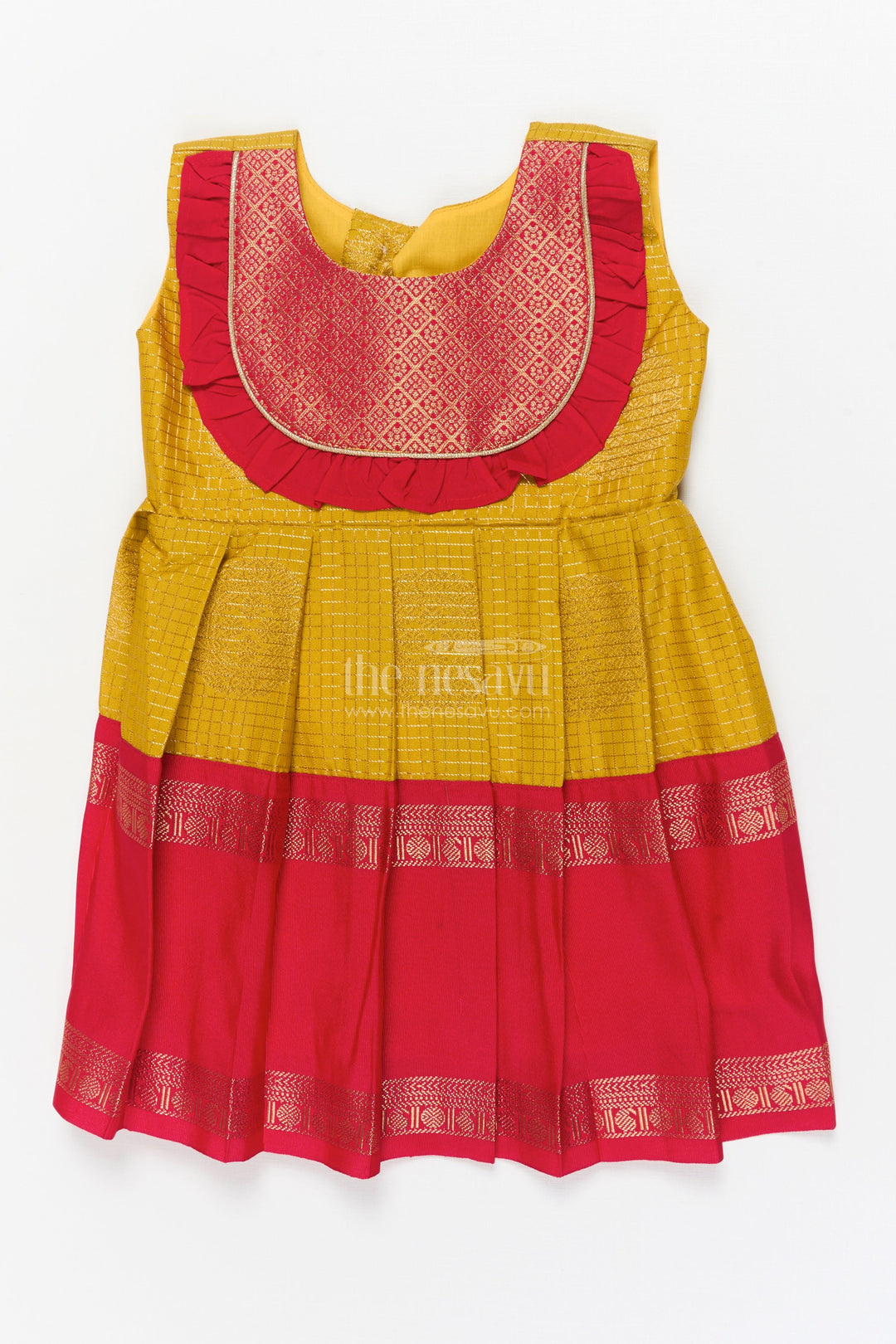 The Nesavu Girls Kanchi Silk Frock Baby Girl Silk Frock for Festive Milestones and Cultural Celebrations Nesavu 10 (NB) / Gold / Style 2 KSF036GB-10 Nesavu baby girl silk frock with traditional zari border and frilled yoke for festive milestones