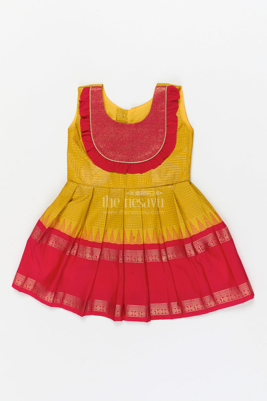 The Nesavu Girls Kanchi Silk Frock Baby Girl Silk Frock for Festive Milestones and Cultural Celebrations Nesavu 14 (6M) / Gold / Style 1 KSF036GA-14 Nesavu baby girl silk frock with traditional zari border and frilled yoke for festive milestones
