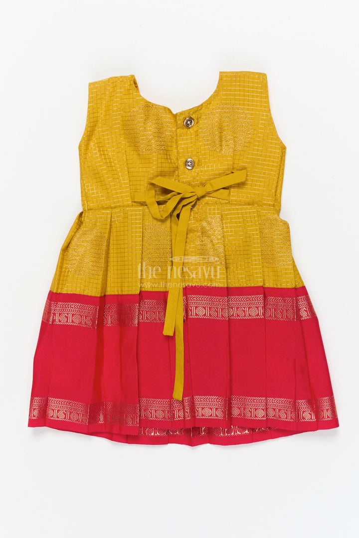 The Nesavu Girls Kanchi Silk Frock Baby Girl Silk Frock for Festive Milestones and Cultural Celebrations Nesavu Nesavu baby girl silk frock with traditional zari border and frilled yoke for festive milestones