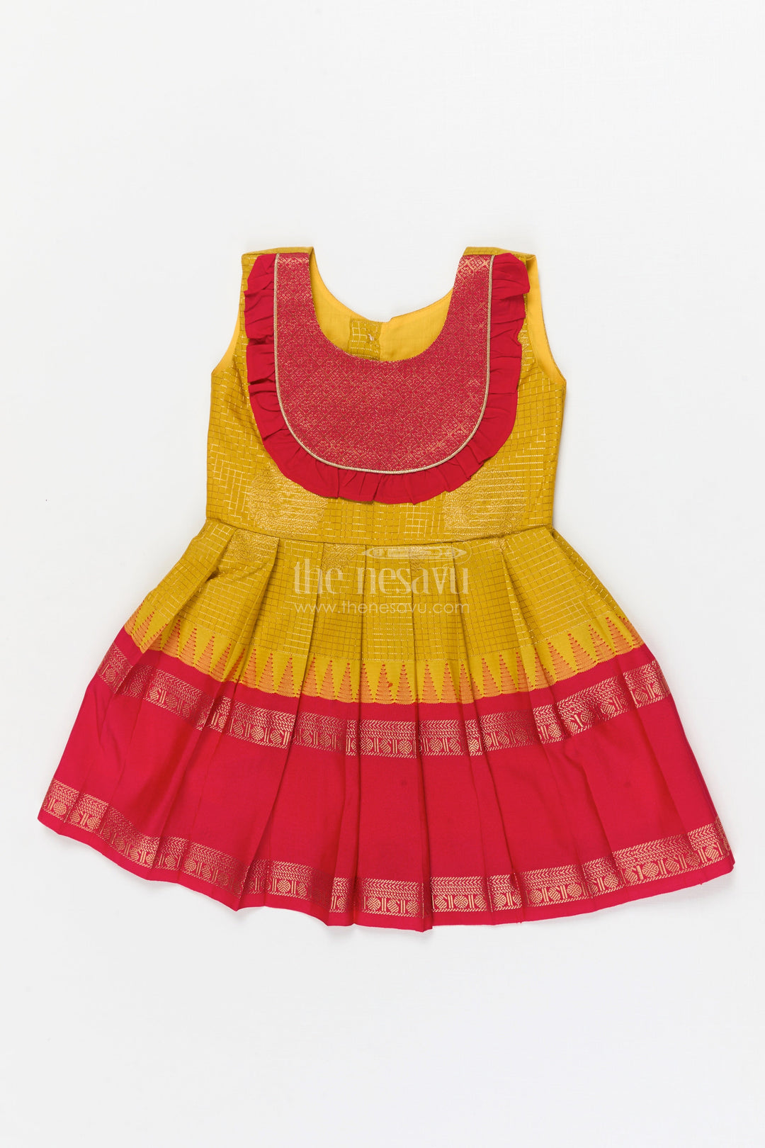 The Nesavu Girls Kanchi Silk Frock Baby Girl Silk Frock for Festive Milestones and Cultural Celebrations Nesavu Nesavu baby girl silk frock with traditional zari border and frilled yoke for festive milestones
