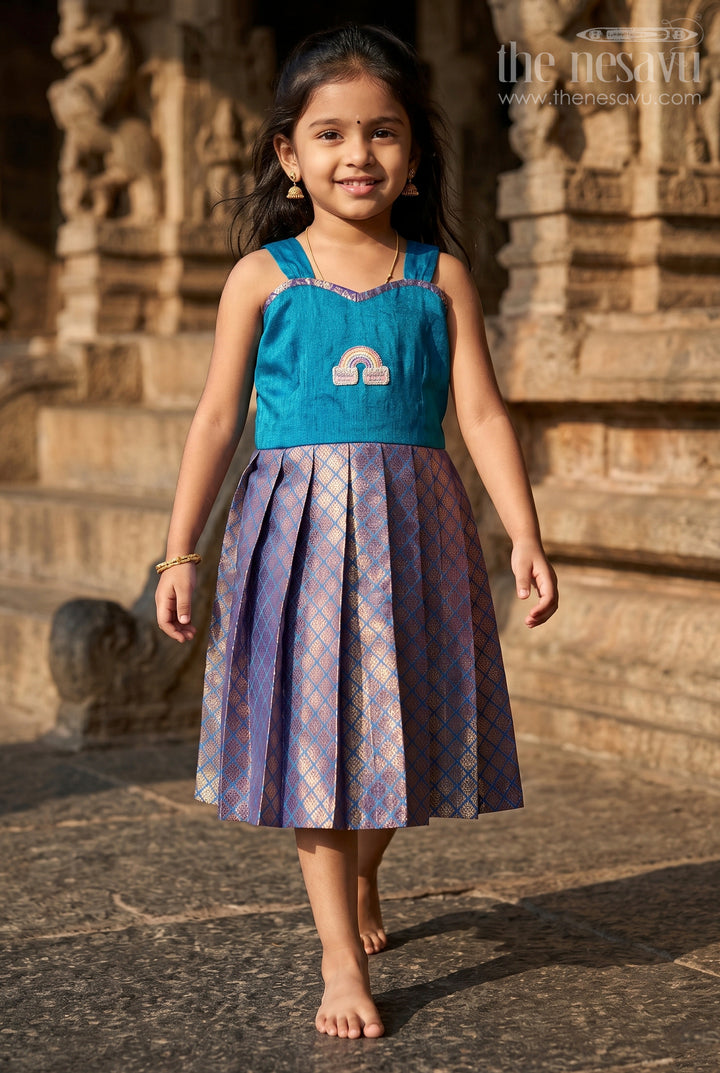 The Nesavu Silk Frock Baby Girl Silk Frock for Festive Occasions Nesavu 18 (2Y) / Blue / Raw Silk SF1144A-18 Nesavu baby girl silk frock for weddings and festive occasions with raw silk bodice and semi banaras flared skirt