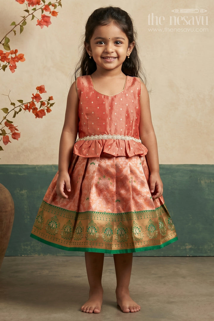 The Nesavu Silk Frock Baby Girl Silk Frock for Festive Photos and Traditional Functions Nesavu 20 (3Y) / Orange / Semi Banarasi SF1173A-20 Nesavu Baby Girl Silk Frock With Tissue Yoke And Zari Border For Festive Celebrations