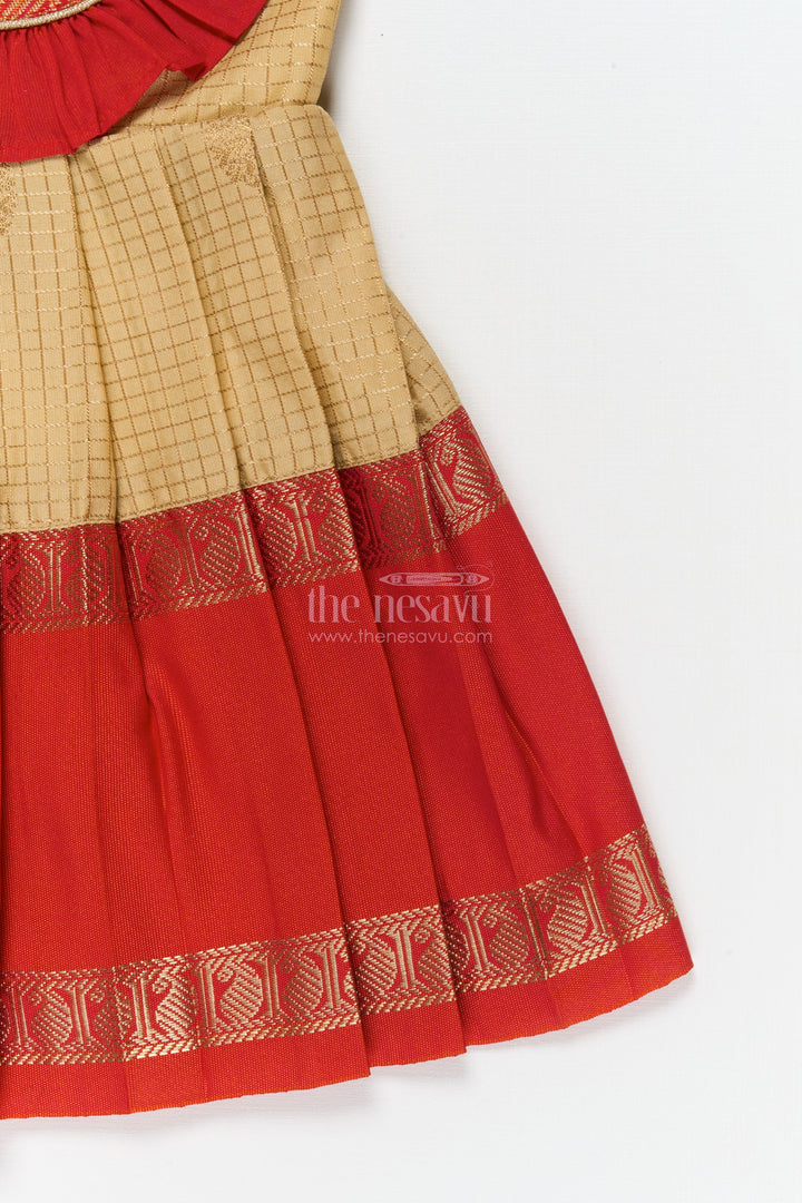 The Nesavu Girls Kanchi Silk Frock Baby Girl Silk Frock for Festive Rituals and Family Functions Nesavu Nesavu baby girl silk frock for traditional celebrations with zari border and pleated ruffle yoke