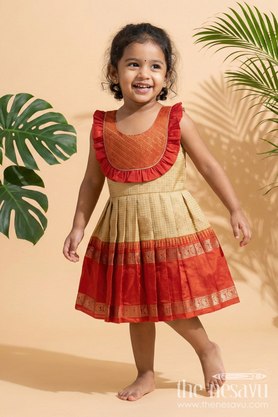 The Nesavu Girls Kanchi Silk Frock Baby Girl Silk Frock for Festive Rituals and Family Functions Nesavu Nesavu baby girl silk frock for traditional celebrations with zari border and pleated ruffle yoke