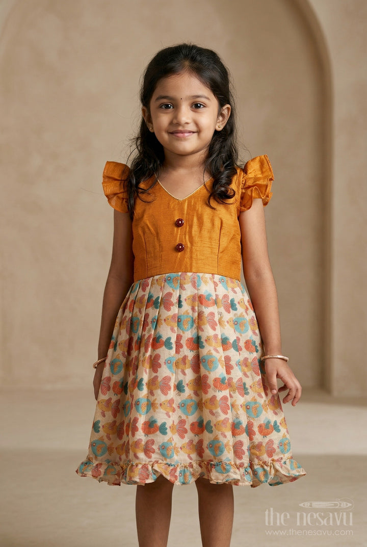The Nesavu Silk Frock Baby Girl Silk Frock for Festive Wear and Family Outings Nesavu 18 (2Y) / Yellow / Chanderi SF1142A-18 Nesavu baby girl silk frock for festive wear and outings with chanderi cotton digital print and flared design