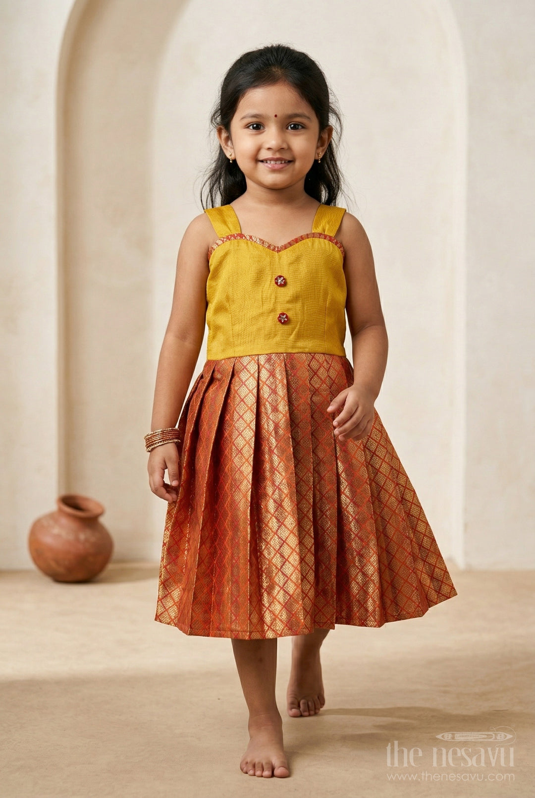 The Nesavu Silk Frock Baby Girl Silk Frock for Festive Wear and Traditional Outings Nesavu 18 (2Y) / Yellow / Raw Silk SF1144C-18 Nesavu baby girl silk frock for festive wear with raw silk bodice and semi banaras skirt for traditional occasions