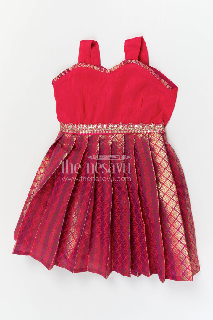 The Nesavu Silk Frock Baby Girl Silk Frock for Marriage and Festive Occasions Nesavu 18 (2Y) / Red / Raw Silk SF1144B-18 Nesavu baby girl silk frock for weddings and festive occasions with raw silk bodice and semi banaras flared skirt