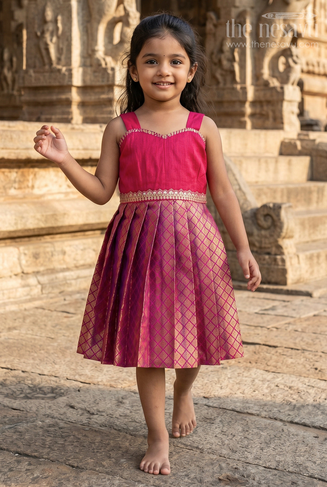 The Nesavu Silk Frock Baby Girl Silk Frock for Marriage and Festive Occasions Nesavu 18 (2Y) / Red / Raw Silk SF1144B-18 Nesavu baby girl silk frock for weddings and festive occasions with raw silk bodice and semi banaras flared skirt