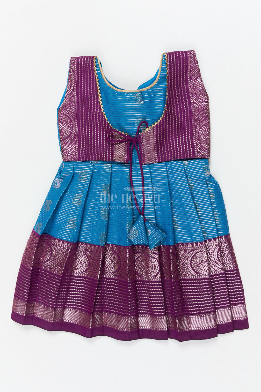 The Nesavu Girls Kanchi Silk Frock Baby Girl Silk Frock for Naming Ceremonies and Milestone Celebrations Nesavu 10 (NB) / Blue / Style 3 KSF009AC-10 Nesavu baby girl Kanchivaram silk frock with zari border for naming ceremony and traditional events