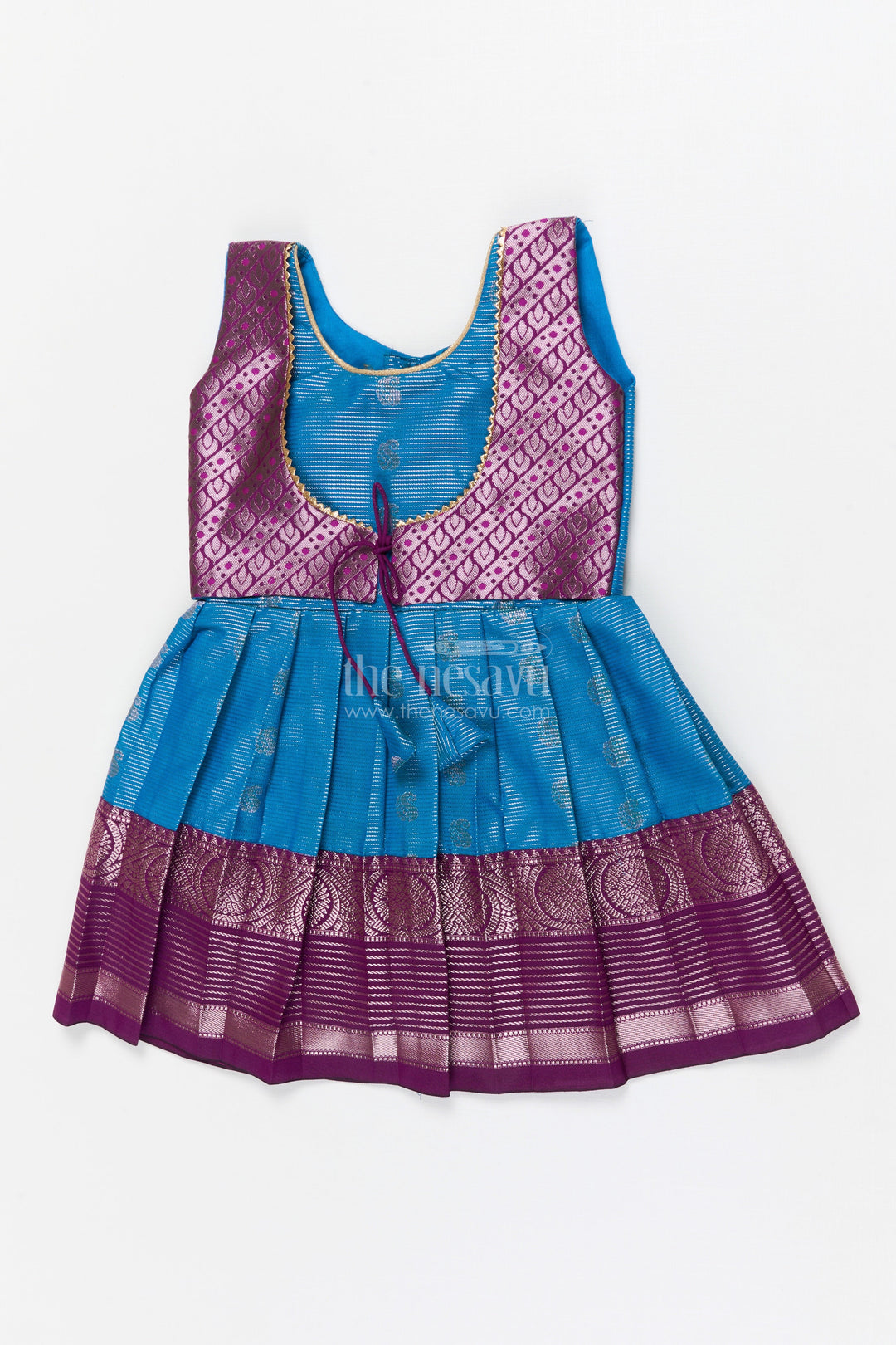 The Nesavu Girls Kanchi Silk Frock Baby Girl Silk Frock for Naming Ceremonies and Milestone Celebrations Nesavu 12 (3M) / Blue / Style 1 KSF009AA-12 Nesavu baby girl Kanchivaram silk frock with zari border for naming ceremony and traditional events