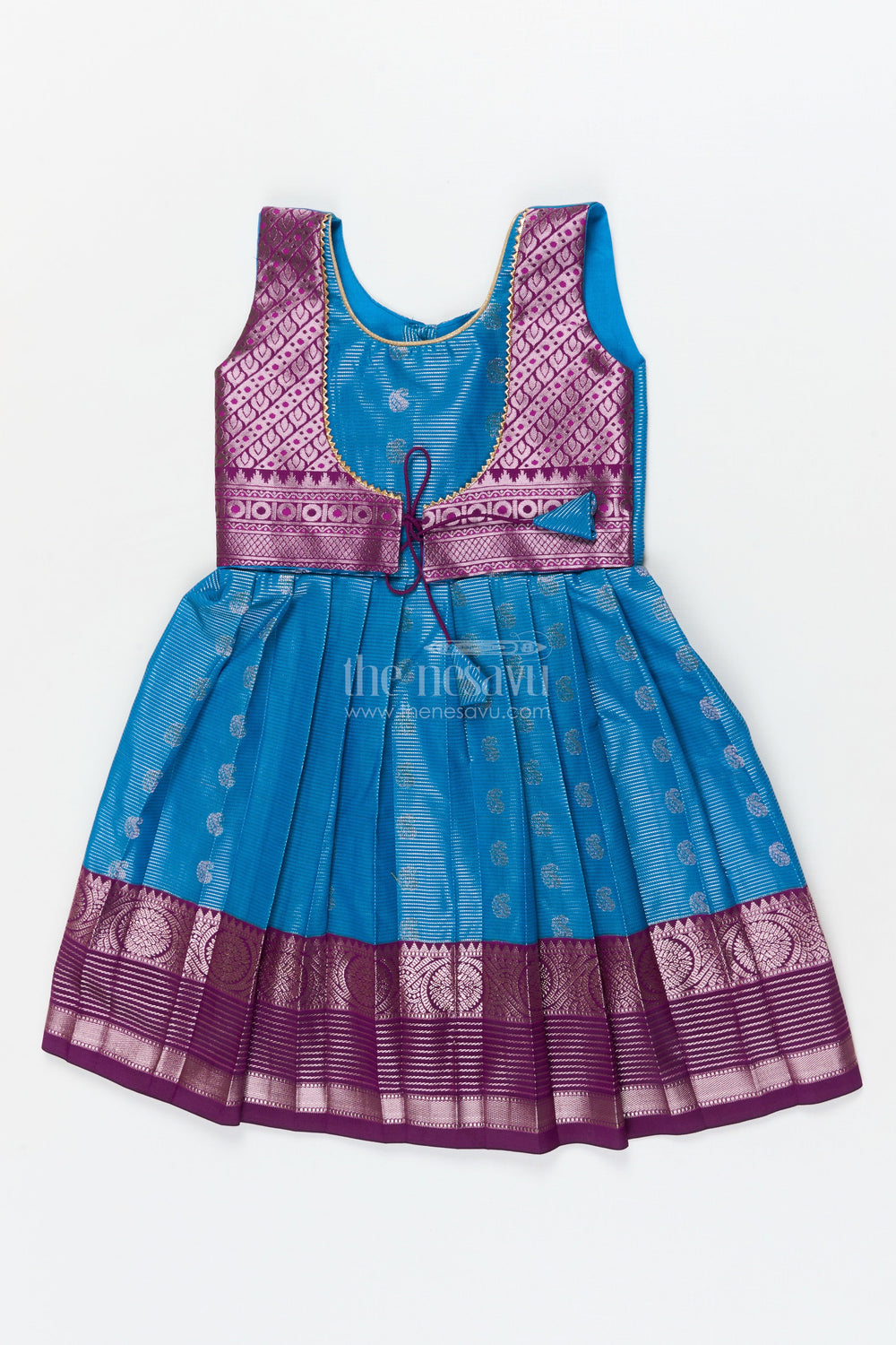 The Nesavu Girls Kanchi Silk Frock Baby Girl Silk Frock for Naming Ceremonies and Milestone Celebrations Nesavu 18 (2Y) / Blue / Style 2 KSF009AB-18 Nesavu baby girl Kanchivaram silk frock with zari border for naming ceremony and traditional events