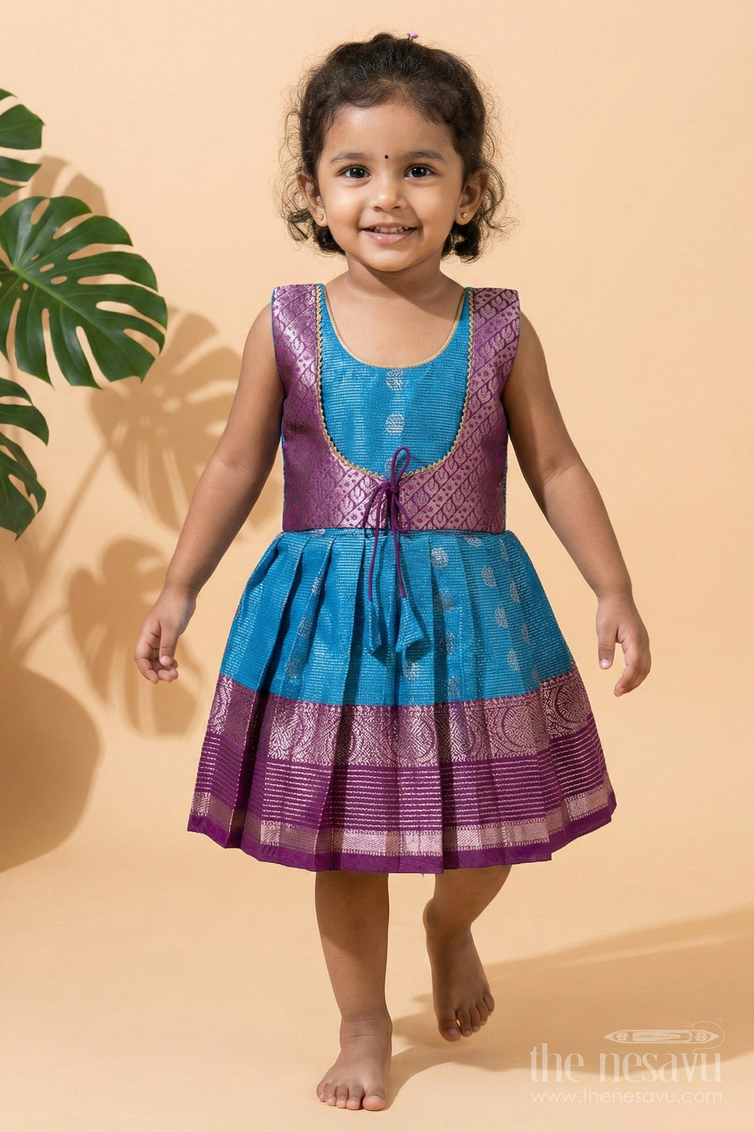 The Nesavu Girls Kanchi Silk Frock Baby Girl Silk Frock for Naming Ceremonies and Milestone Celebrations Nesavu Nesavu baby girl Kanchivaram silk frock with zari border for naming ceremony and traditional events