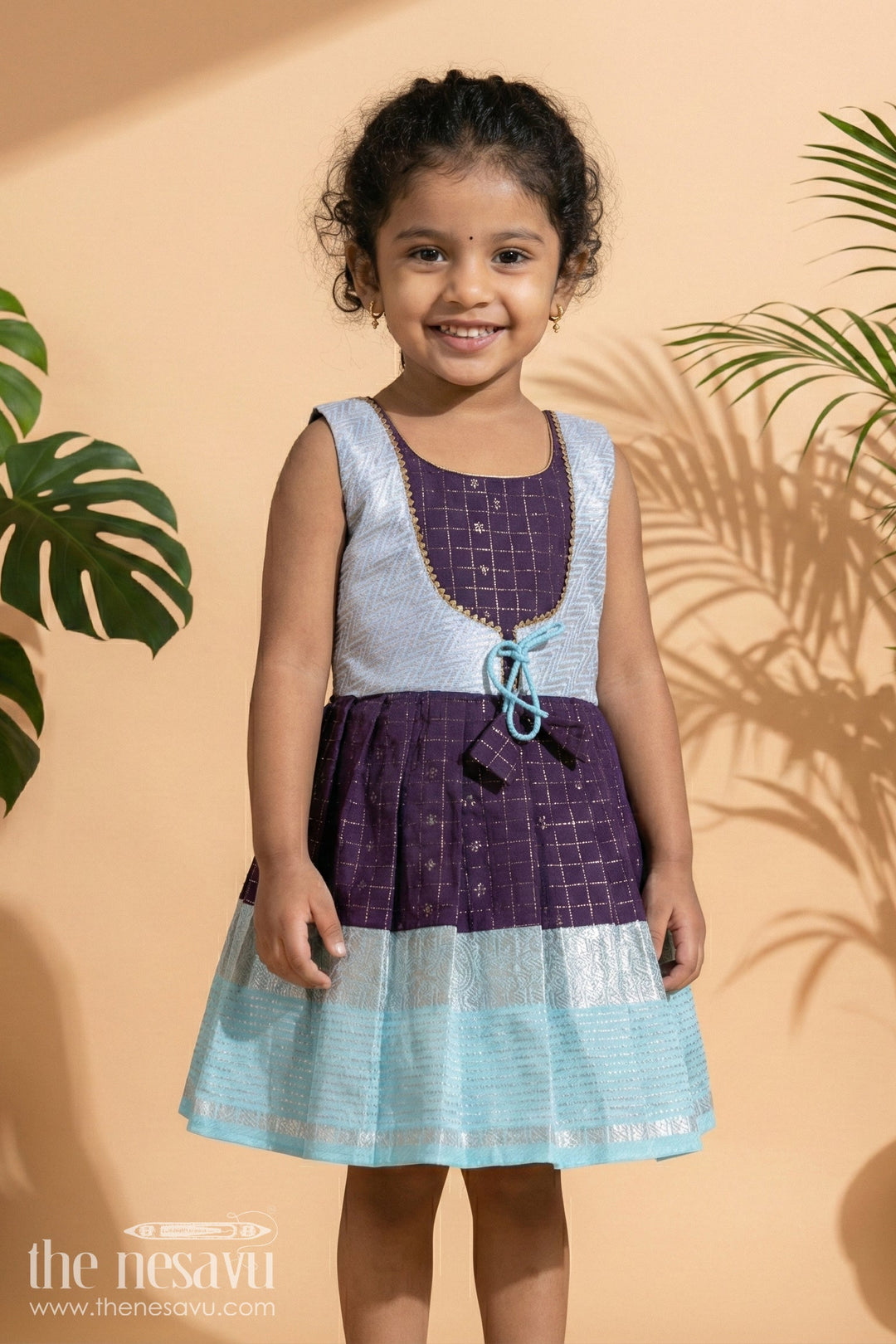 The Nesavu Girls Kanchi Silk Frock Baby Girl Silk Frock for Naming Ceremony and Festive Milestones Nesavu 14 (6M) / Purple / Style 1 KSF011AA-14 Nesavu baby girl silk frock for naming ceremony with zari checks and traditional border
