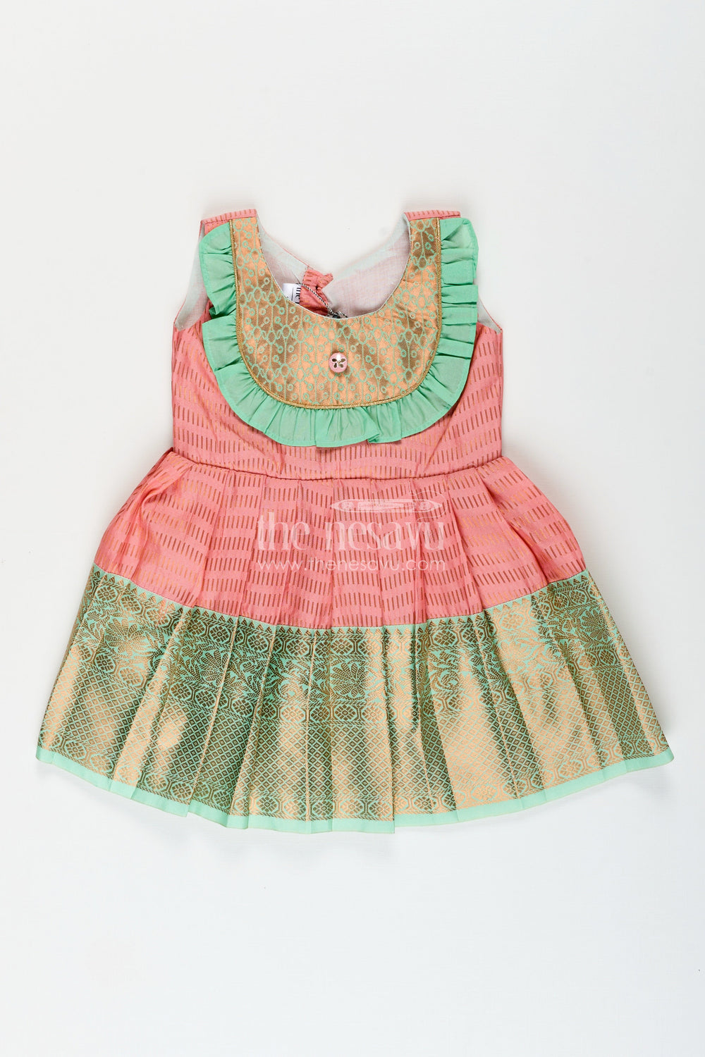 The Nesavu Girls Kanchi Silk Frock Baby girl silk frock for naming ceremony and festive occasions Nesavu 16 (1Y) / Peach / Style 1 SF996AA-16 Nesavu baby girl silk frock semi Kanchivaram style naming ceremony festive occasions