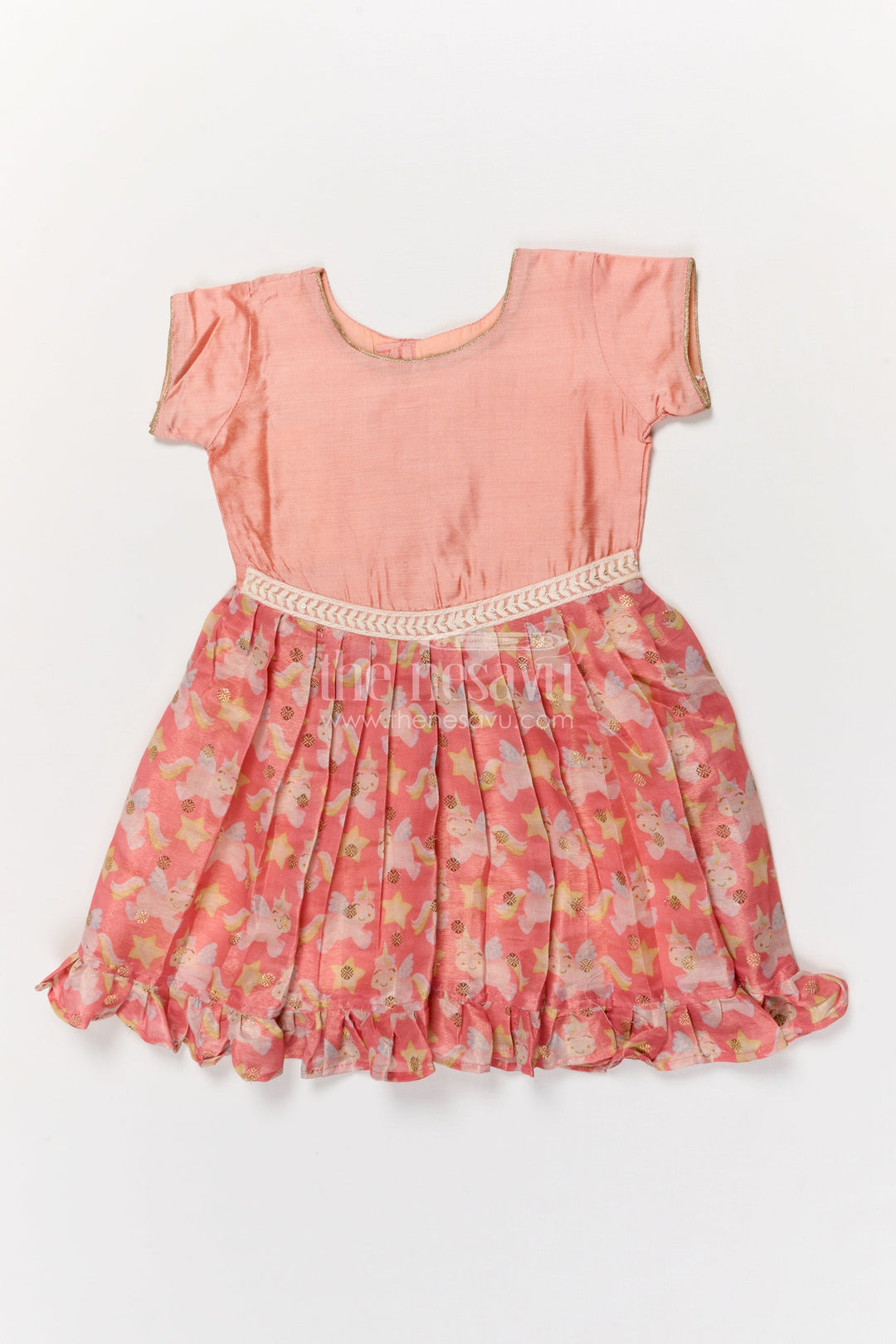 The Nesavu Silk Frock Baby Girl Silk Frock for Parties and Special Celebrations Nesavu 18 (2Y) / Peach / Viscose Silk SF1108A-18 Nesavu baby girl silk frock with unicorn print and lace waist for birthdays and party moments