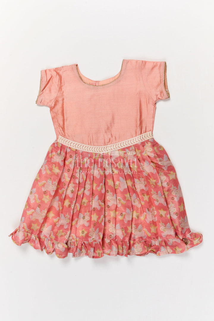 The Nesavu Silk Frock Baby Girl Silk Frock for Parties and Special Celebrations Nesavu 18 (2Y) / Peach / Viscose Silk SF1108A-18 Nesavu baby girl silk frock with unicorn print and lace waist for birthdays and party moments