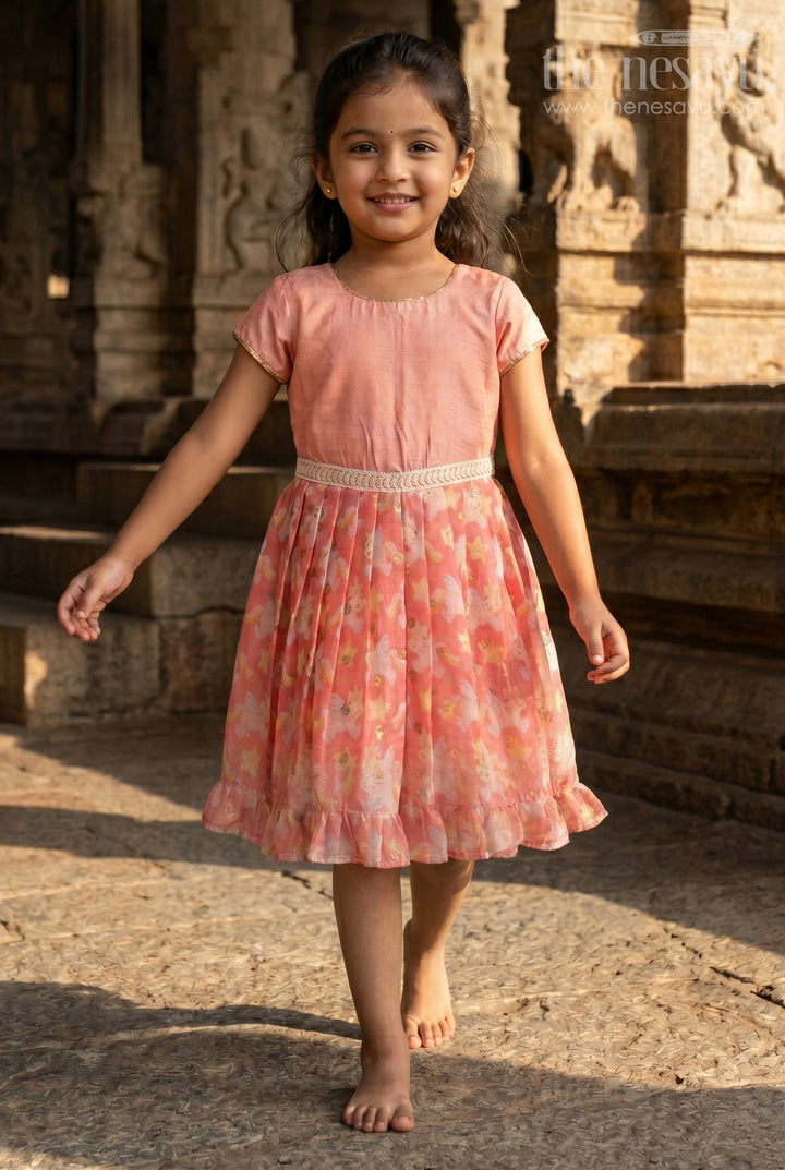 The Nesavu Silk Frock Baby Girl Silk Frock for Parties and Special Celebrations Nesavu 18 (2Y) / Peach / Viscose Silk SF1108A-18 Nesavu baby girl silk frock with unicorn print and lace waist for birthdays and party moments