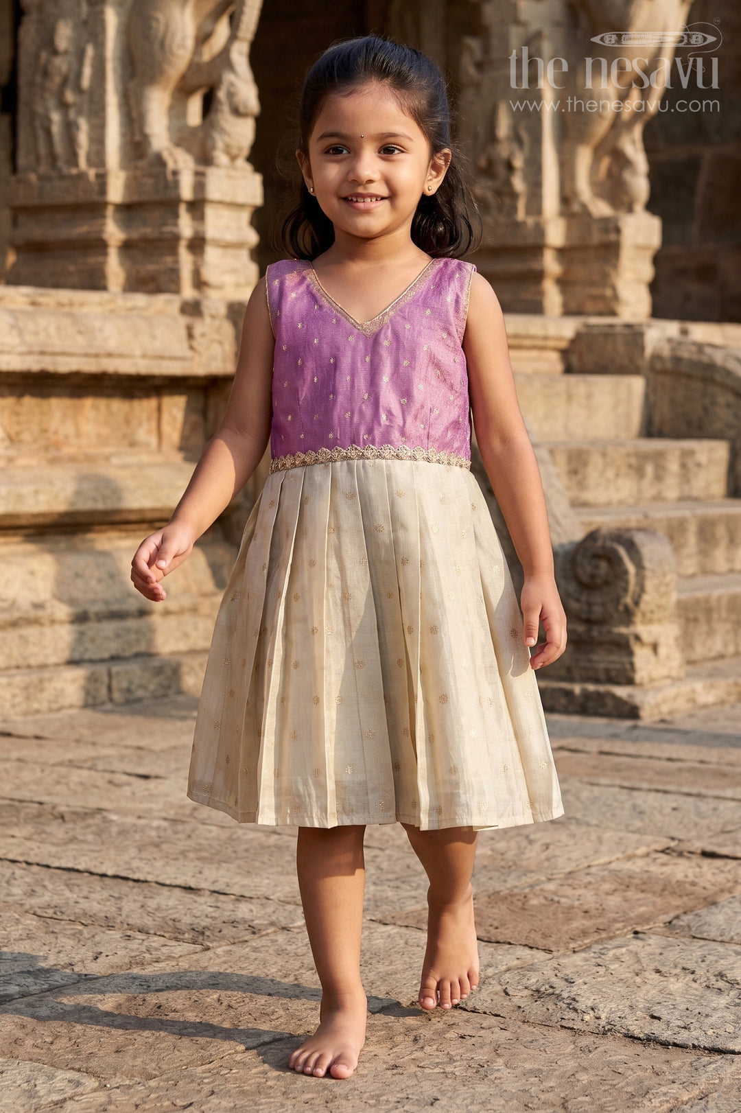 The Nesavu Silk Frock Baby Girl Silk Frock for Temple Visit and Festive Celebrations Nesavu 18 (2Y) / Purple / Banarasi SF1147A-18 Nesavu baby girl silk frock for weddings and festive celebrations with semi banaras silk and tissue yoke design