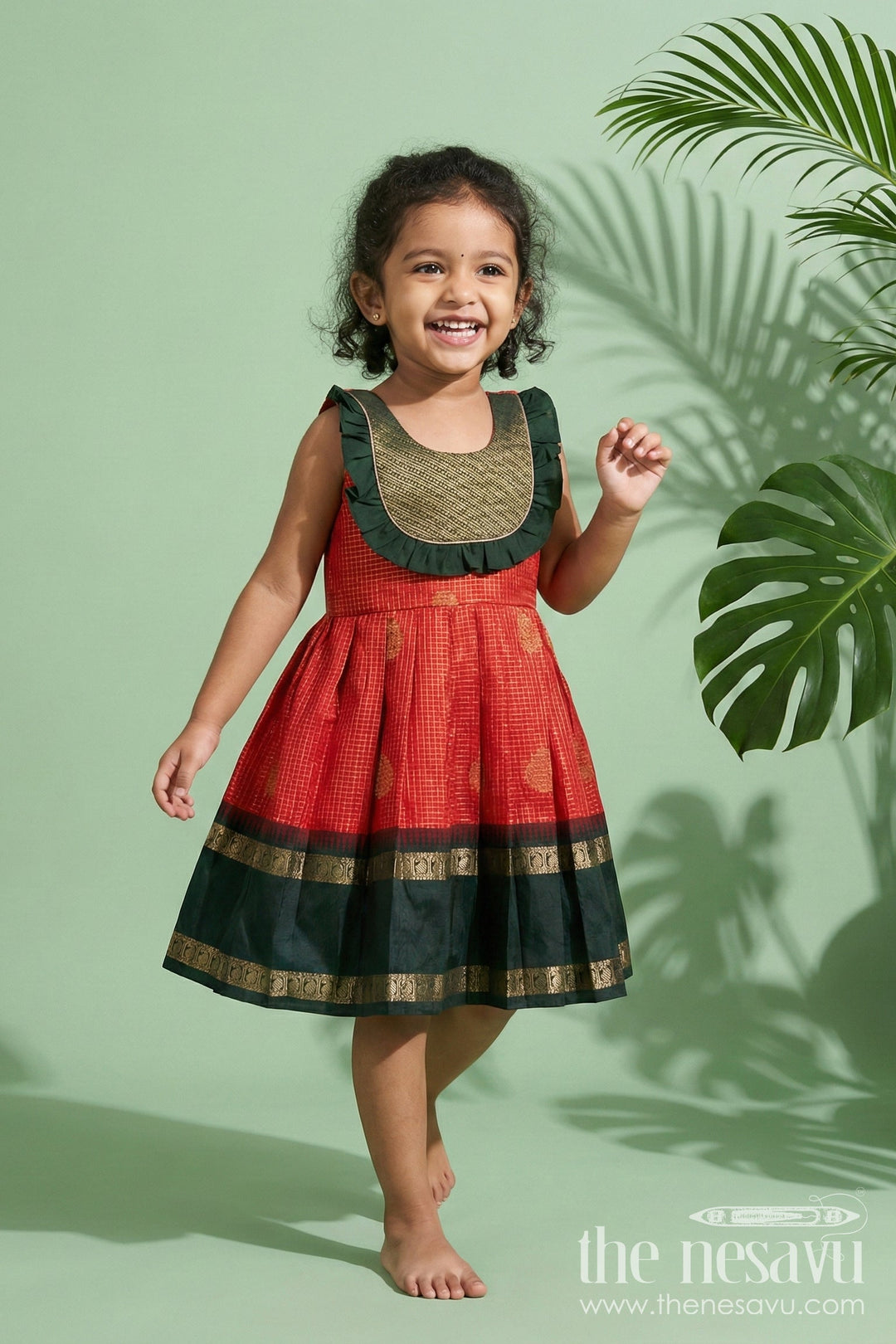 The Nesavu Girls Kanchi Silk Frock Baby Girl Silk Frock for Temple Visits and Traditional School Events Nesavu 20 (3Y) / Orange / Style 1 KSF036EA-20 Nesavu baby girl traditional silk frock with zari borders and frilled bib yoke for festive occasions