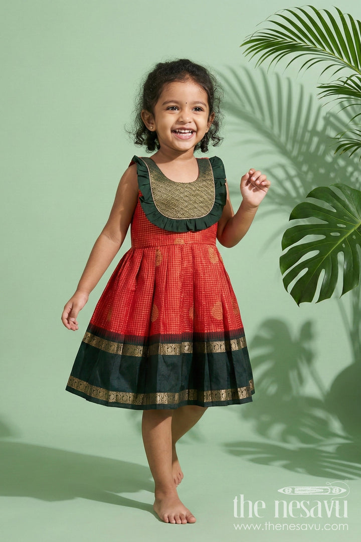 The Nesavu Girls Kanchi Silk Frock Baby Girl Silk Frock for Temple Visits and Traditional School Events Nesavu 20 (3Y) / Orange / Style 1 KSF036EA-20 Nesavu baby girl traditional silk frock with zari borders and frilled bib yoke for festive occasions