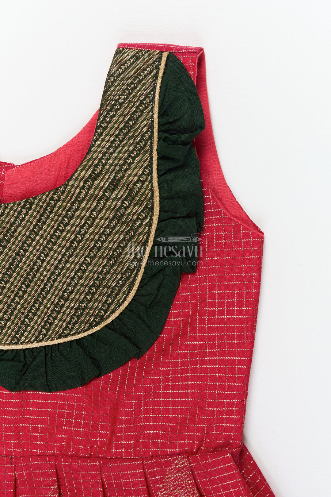 The Nesavu Girls Kanchi Silk Frock Baby Girl Silk Frock for Temple Visits and Traditional School Events Nesavu Nesavu baby girl traditional silk frock with zari borders and frilled bib yoke for festive occasions