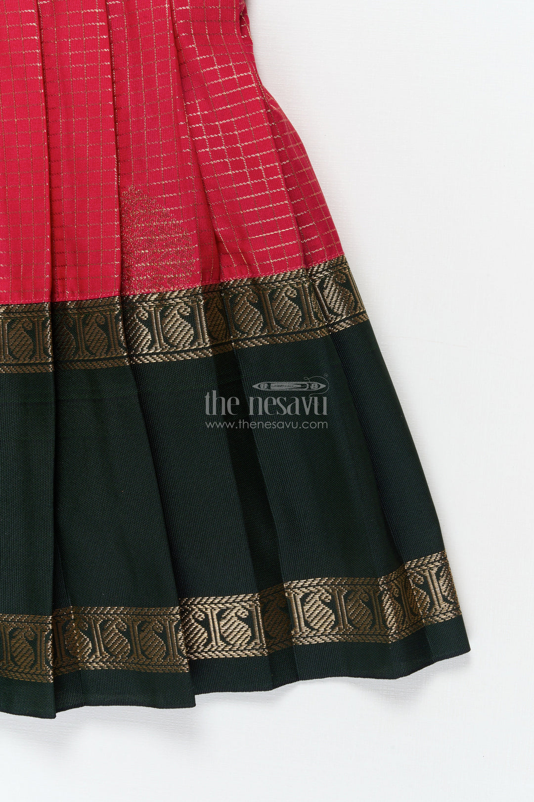 The Nesavu Girls Kanchi Silk Frock Baby Girl Silk Frock for Temple Visits and Traditional School Events Nesavu Nesavu baby girl traditional silk frock with zari borders and frilled bib yoke for festive occasions