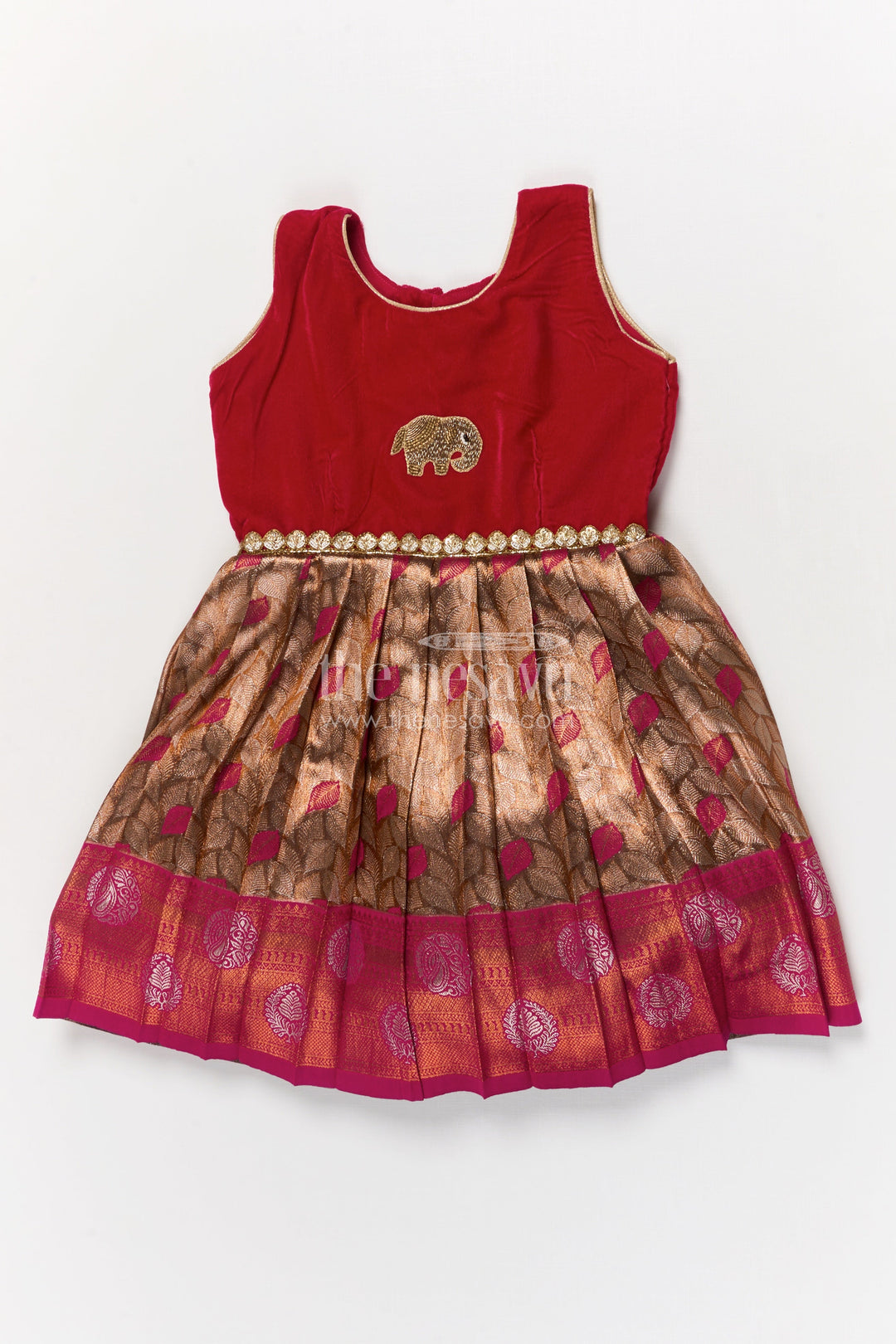 The Nesavu Silk Party Frock Baby Girl Silk Frock for Traditional Family Celebrations Nesavu 20 (3Y) / Red / Velvet SF1119A-20 Nesavu baby girl silk frock for festive occasions with velvet yoke and jacquard skirt