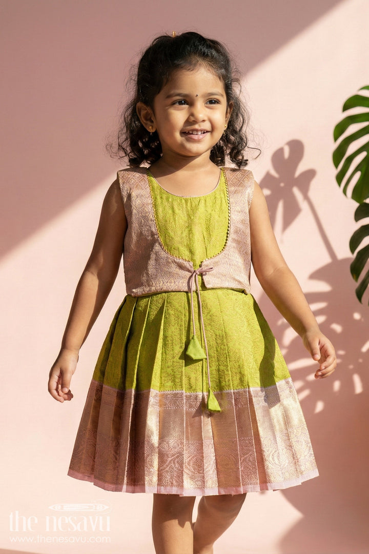 The Nesavu Girls Kanchi Silk Frock Baby Girl Silk Frock for Traditional Family Occasions and Festive Events Nesavu 18 (2Y) / Green / Style 1 KSF029AA-18 Nesavu baby girl Kanchivaram silk frock for traditional occasions with zari border and overlay