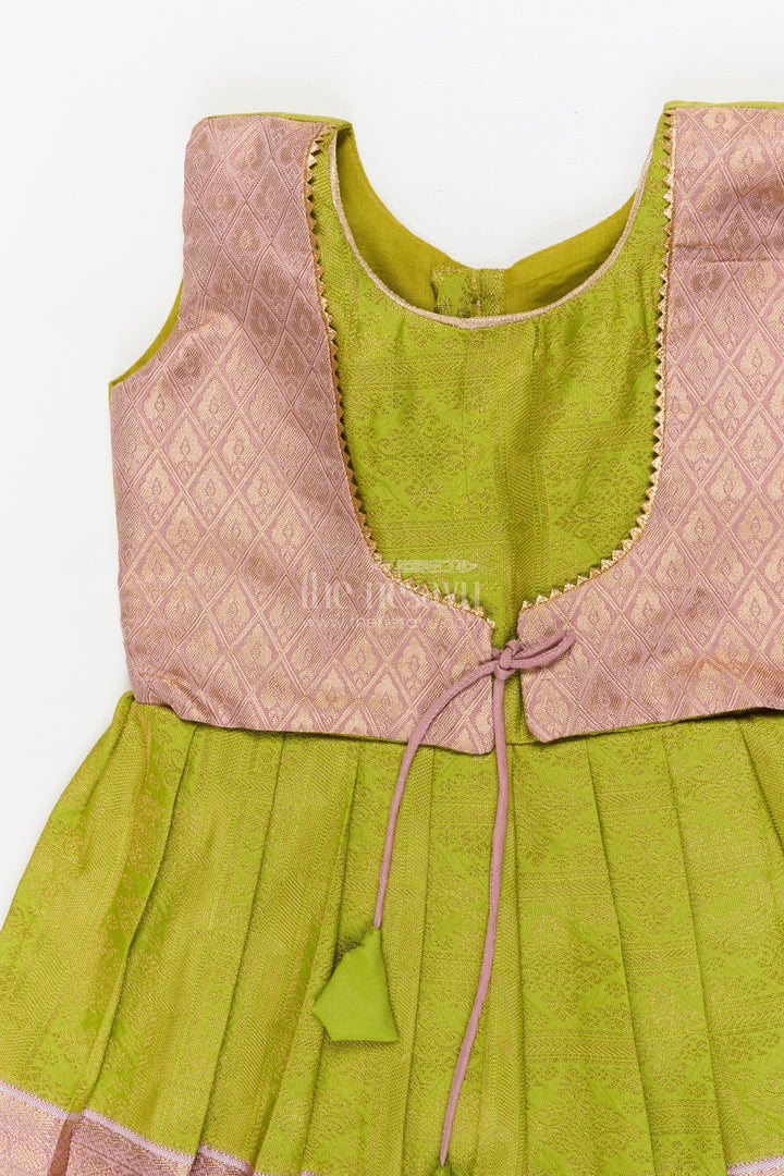 The Nesavu Girls Kanchi Silk Frock Baby Girl Silk Frock for Traditional Family Occasions and Festive Events Nesavu Nesavu baby girl Kanchivaram silk frock for traditional occasions with zari border and overlay