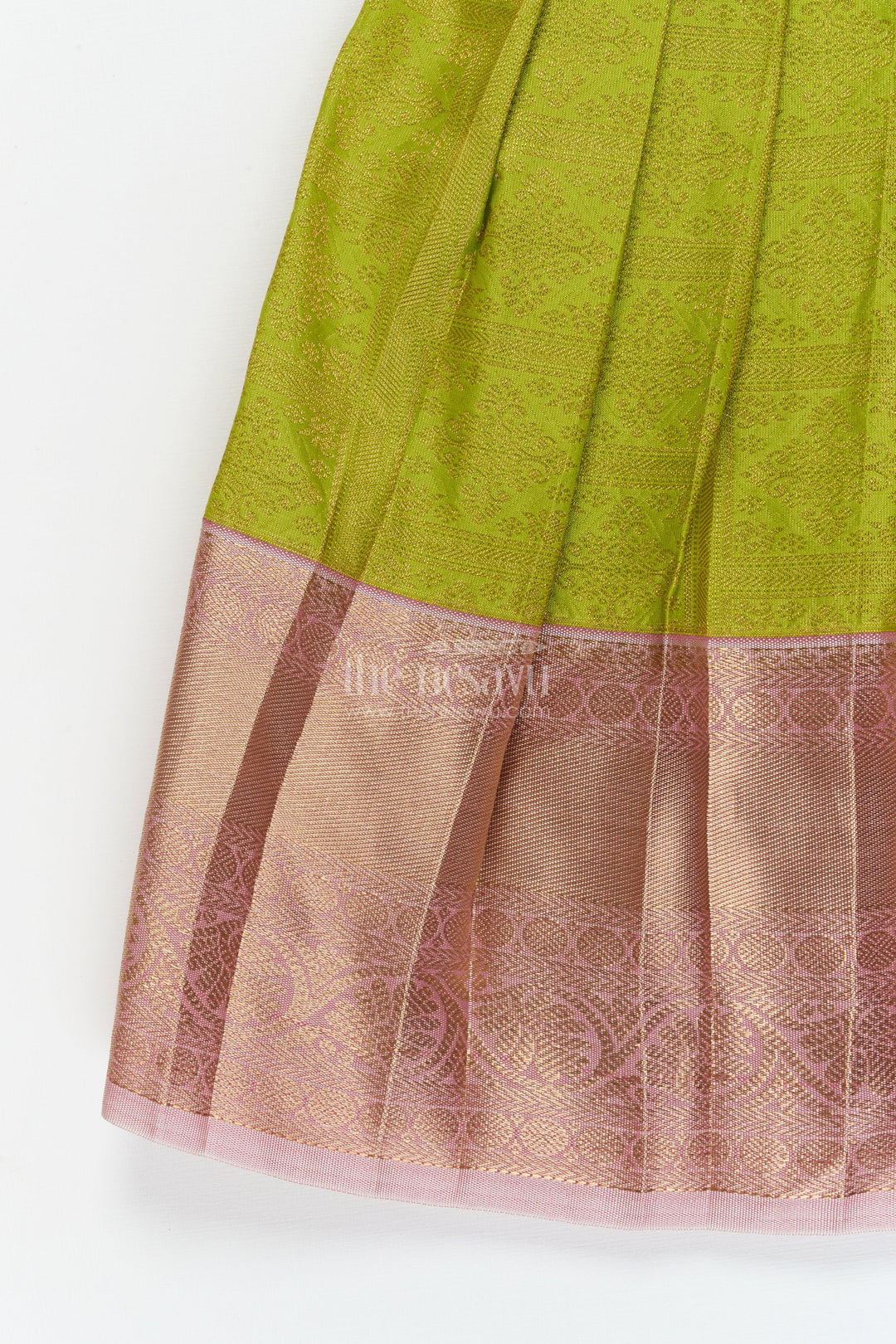 The Nesavu Girls Kanchi Silk Frock Baby Girl Silk Frock for Traditional Family Occasions and Festive Events Nesavu Nesavu baby girl Kanchivaram silk frock for traditional occasions with zari border and overlay