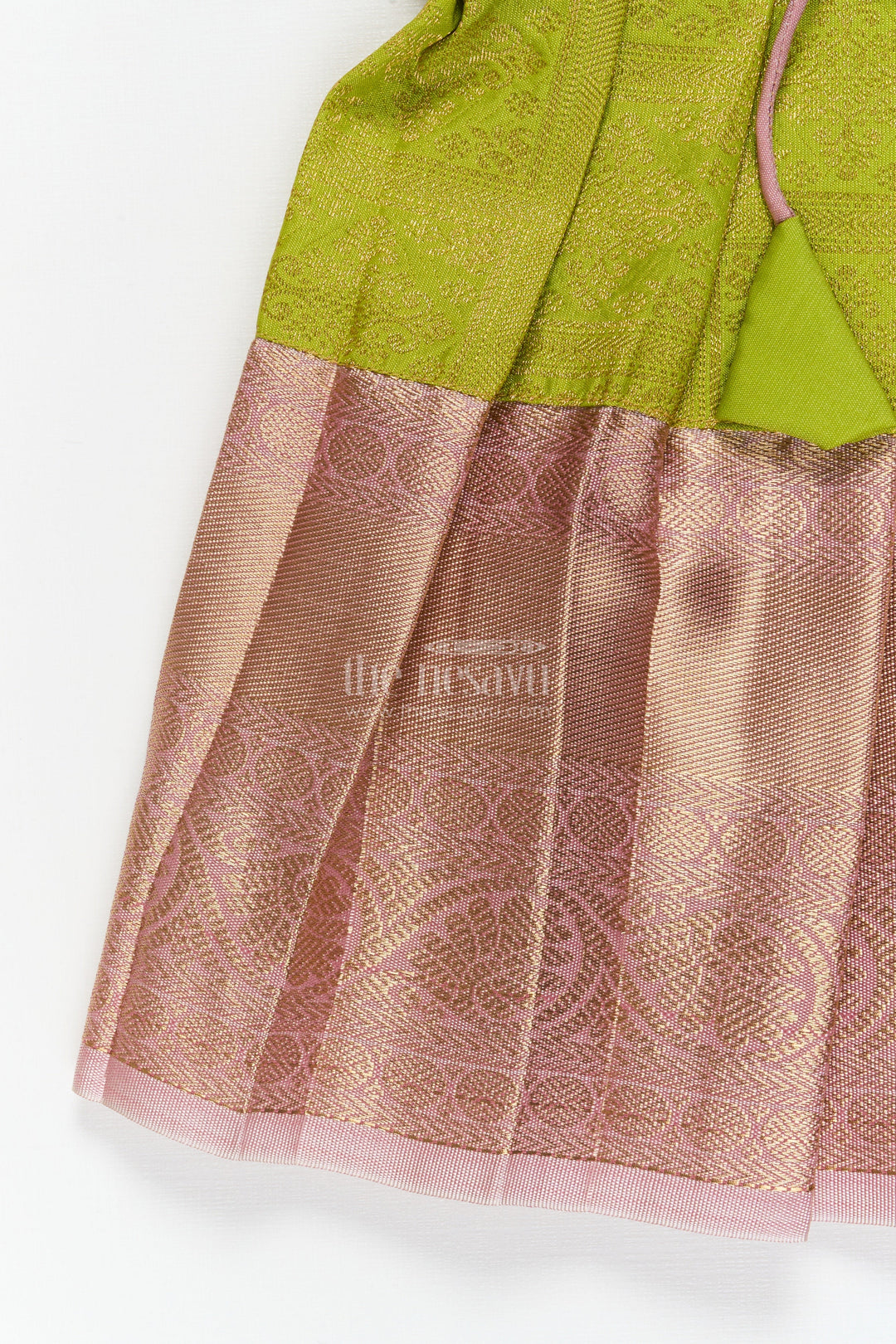 The Nesavu Girls Kanchi Silk Frock Baby Girl Silk Frock for Traditional Family Occasions and Festive Events Nesavu Nesavu baby girl Kanchivaram silk frock for traditional occasions with zari border and overlay