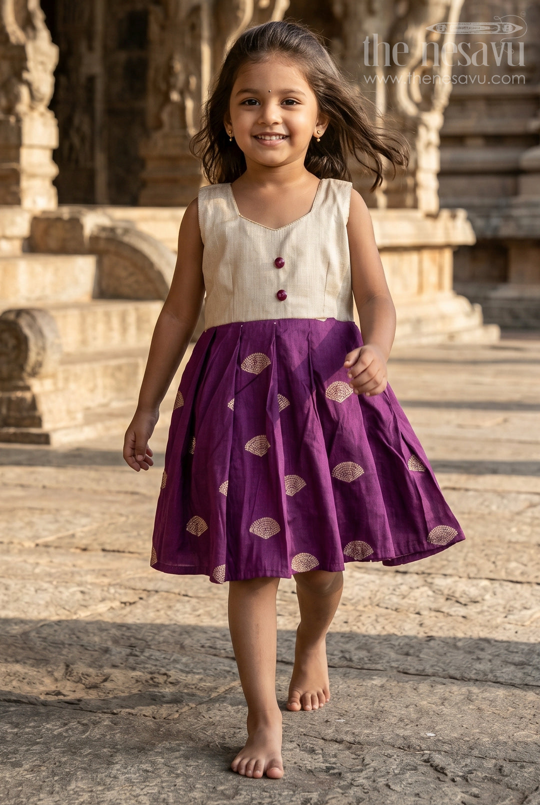 The Nesavu Silk Frock Baby Girl Silk Frock for Traditional Festive Gatherings Nesavu 18 (2Y) / Cream / Semi Banarasi SF1167A-18 Nesavu Baby Girl Silk Frock With Raw Silk Yoke For Festive Family Celebrations