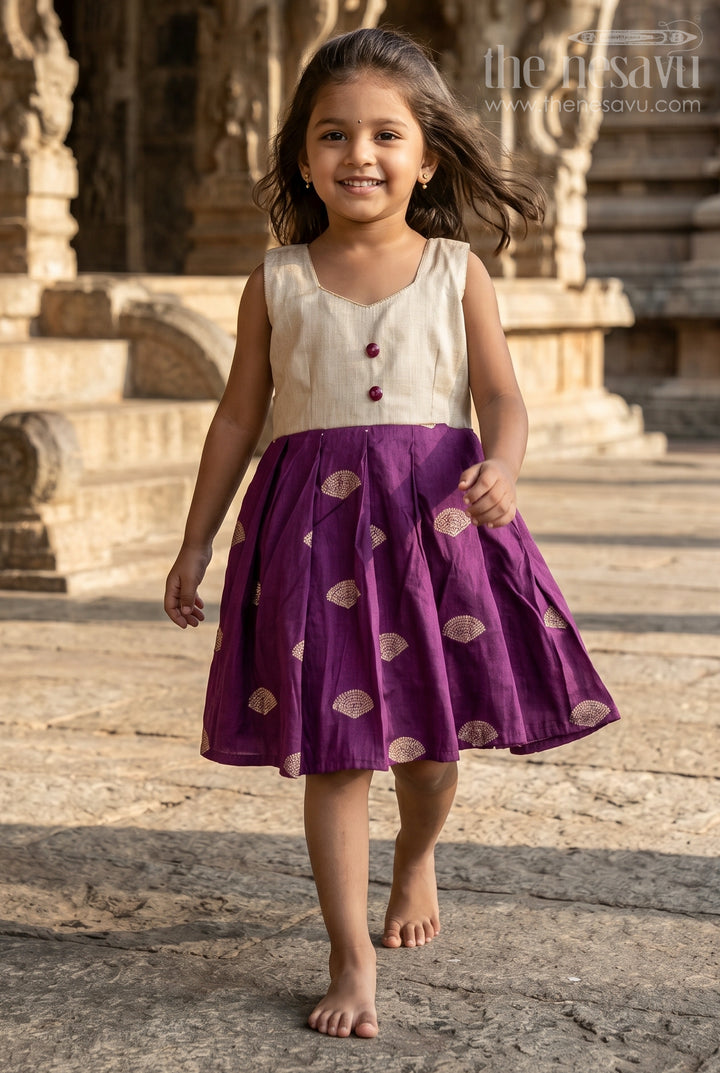 The Nesavu Silk Frock Baby Girl Silk Frock for Traditional Festive Gatherings Nesavu 18 (2Y) / Cream / Semi Banarasi SF1167A-18 Nesavu Baby Girl Silk Frock With Raw Silk Yoke For Festive Family Celebrations