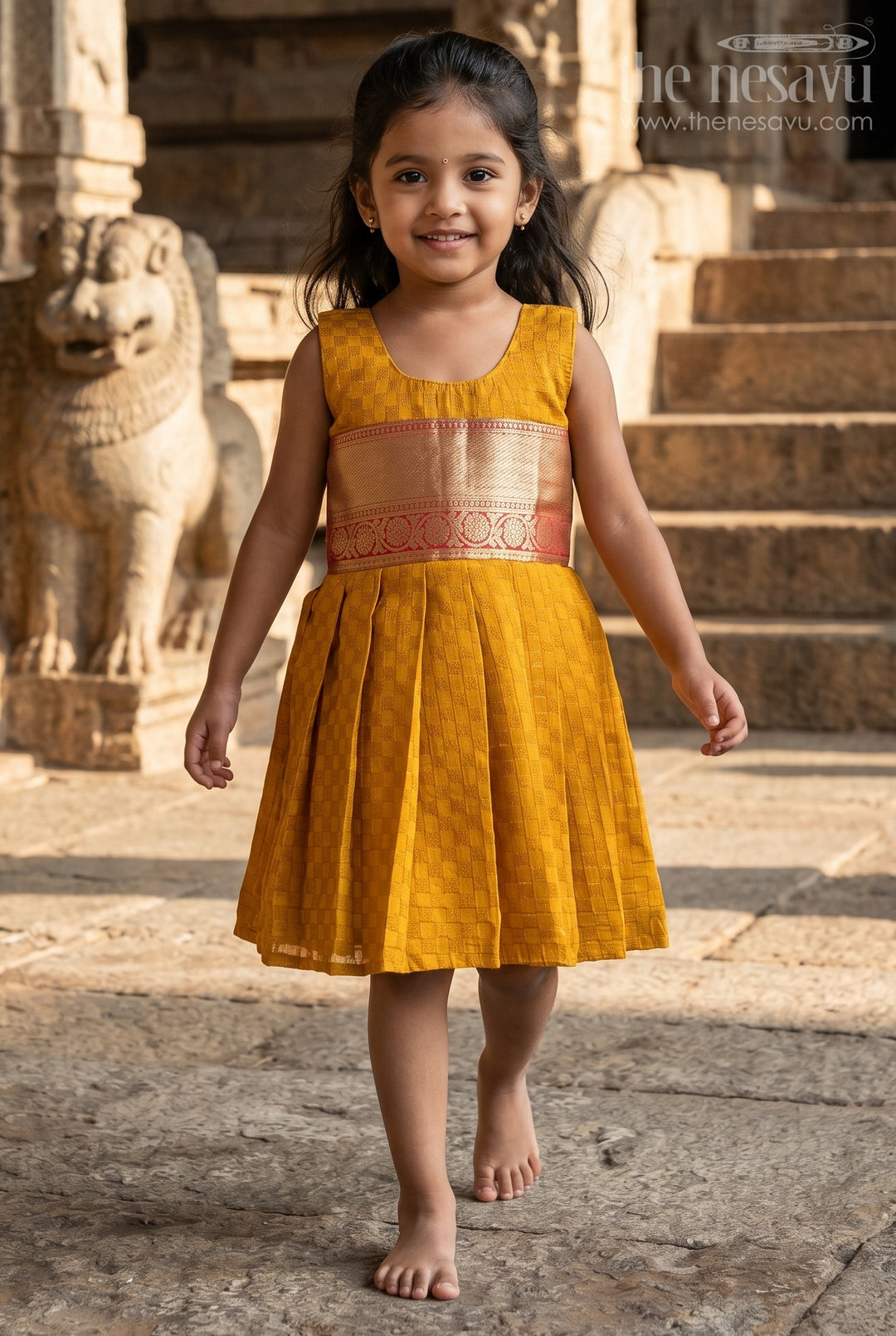 The Nesavu Silk Frock Baby Girl Silk Frock for Traditional Functions and Poojas Nesavu 18 (2Y) / Yellow / Cotton Silk SF1128A-18 Nesavu traditional silk frock for baby girls with paithani waistband – ideal for poojas and family events