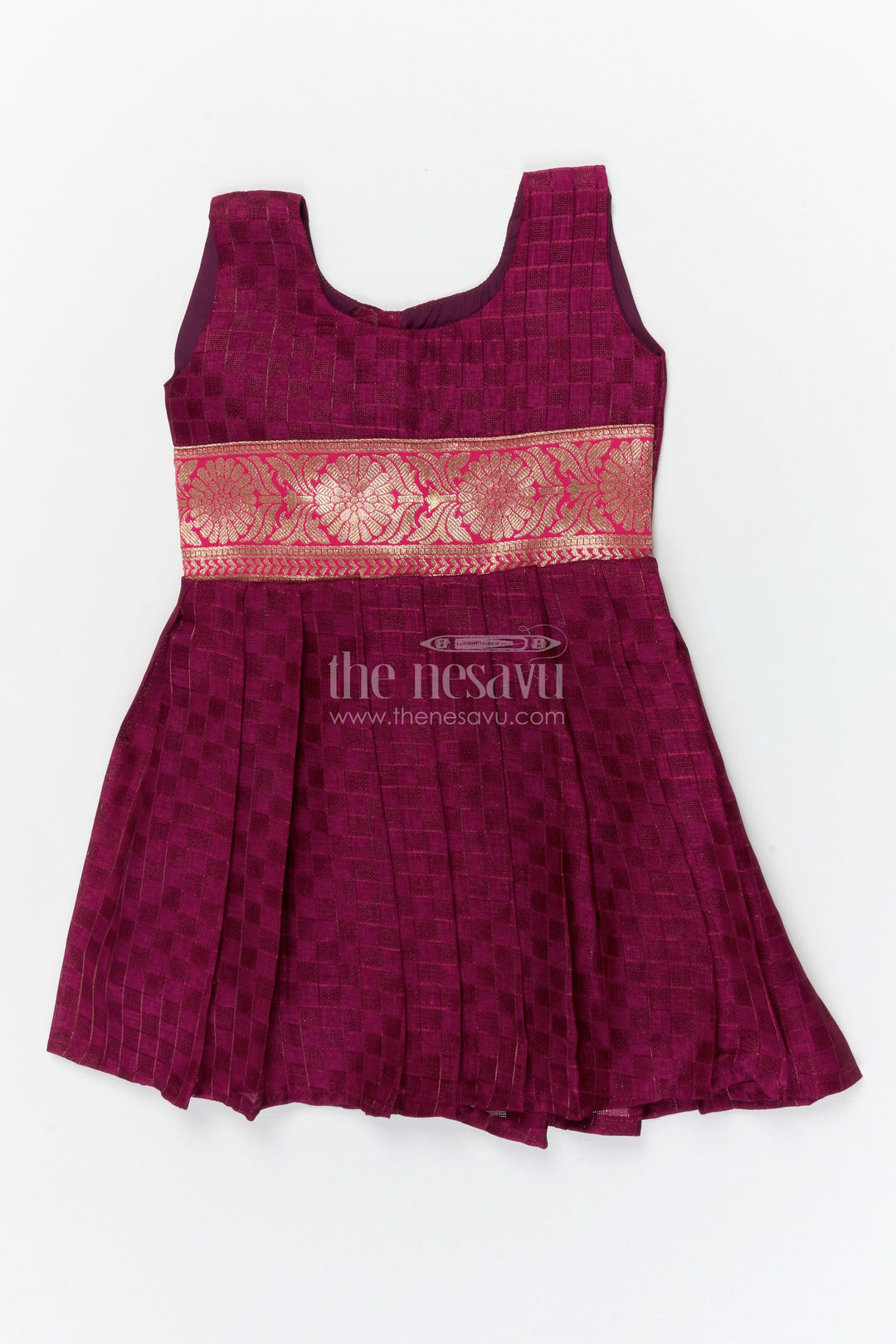 The Nesavu Silk Frock Baby Girl Silk Frock for Wedding Receptions and Cultural Occasions Nesavu 14 (6M) / Maroon / Cotton Silk SF1126A-14 Nesavu sleeveless silk frock for baby girls with paithani border – ideal for weddings and traditional celebrations