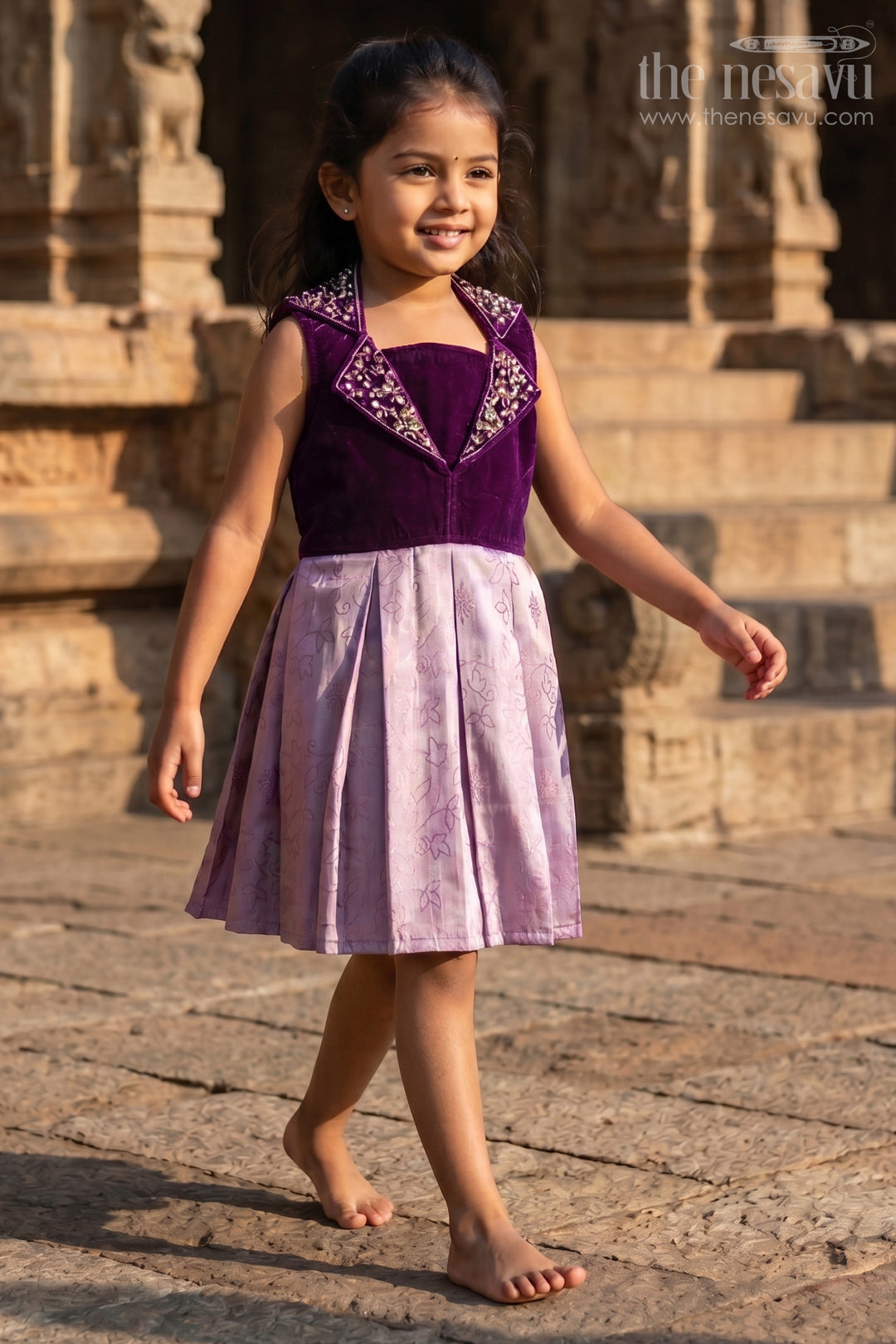 The Nesavu Silk Frock Baby Girl Silk Frock for Weddings and Special Evening Events Nesavu 16 (1Y) / Purple / Velvet SF1123A-16 Nesavu baby girl silk frock for wedding functions with velvet yoke and floral jacquard skirt