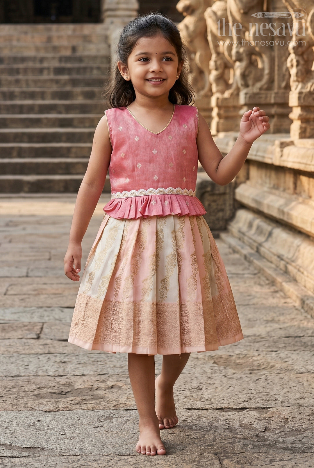 The Nesavu Silk Frock Baby Girl Silk Frock for Weddings and Traditional Ceremonies Nesavu 18 (2Y) / Peach SF1082A-18 Nesavu baby girl Banaras silk frock with tissue yoke for weddings and traditional events