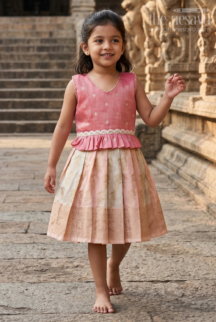 The Nesavu Silk Frock Baby Girl Silk Frock for Weddings and Traditional Ceremonies Nesavu 18 (2Y) / Peach SF1082A-18 Nesavu baby girl Banaras silk frock with tissue yoke for weddings and traditional events