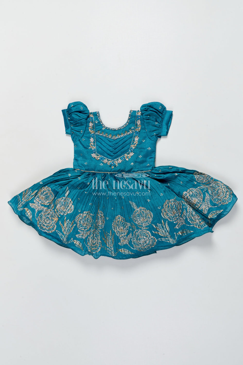 The Nesavu Silk Frock Baby Girl Silk Frock In Blue with Designer Yoke for Festive Functions Nesavu 18 (2Y) / Blue SF1035A-18 Nesavu baby girl silk frock blue chinnon designer yoke  perfect weddings special occasions