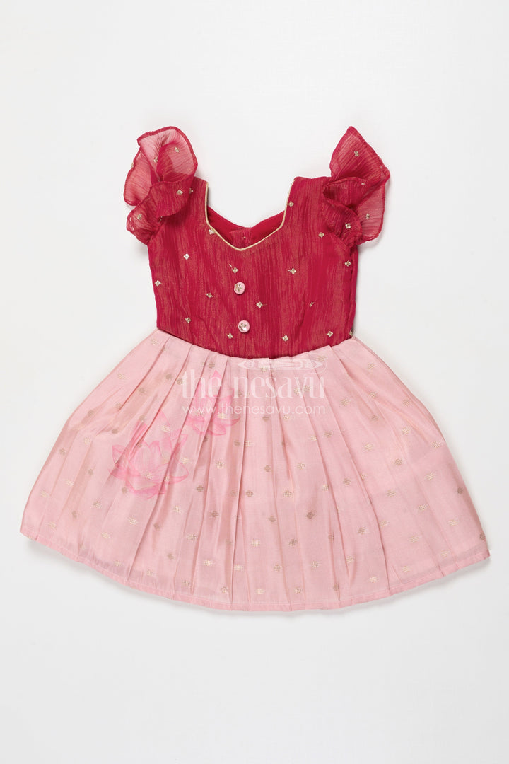 The Nesavu Silk Frock Baby Girl Silk Frock with Tissue Yoke for Weddings and Rituals Nesavu 18 (2Y) / Pink SF1102A-18 Nesavu baby girl silk frock with tissue yoke and lotus print – perfect for wedding celebrations and rituals
