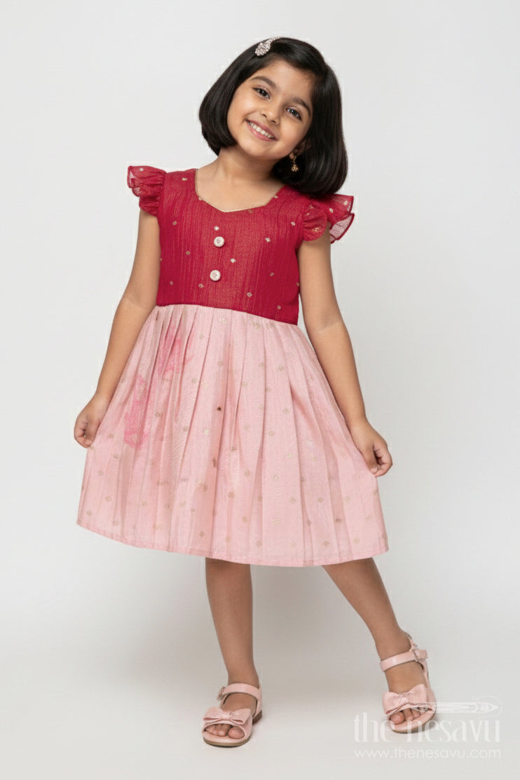 The Nesavu Silk Frock Baby Girl Silk Frock with Tissue Yoke for Weddings and Rituals Nesavu 18 (2Y) / Pink SF1102A-18 Nesavu baby girl silk frock with tissue yoke and lotus print – perfect for wedding celebrations and rituals