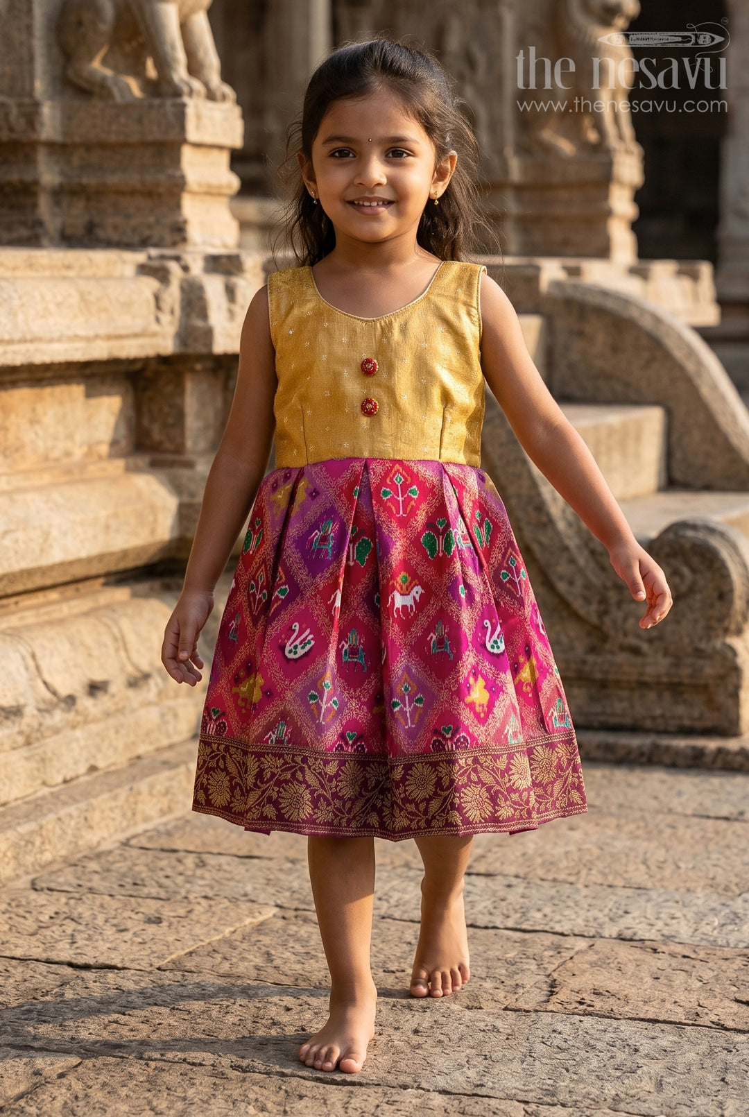 The Nesavu Silk Frock Baby Girl Silk Frock with Traditional Banarasi Motifs for Weddings and Ethnic Events Nesavu 18 (2Y) / Maroon SF1085A-18 Nesavu baby girl semi Banaras silk frock with tissue yoke and ethnic motifs for special occasions