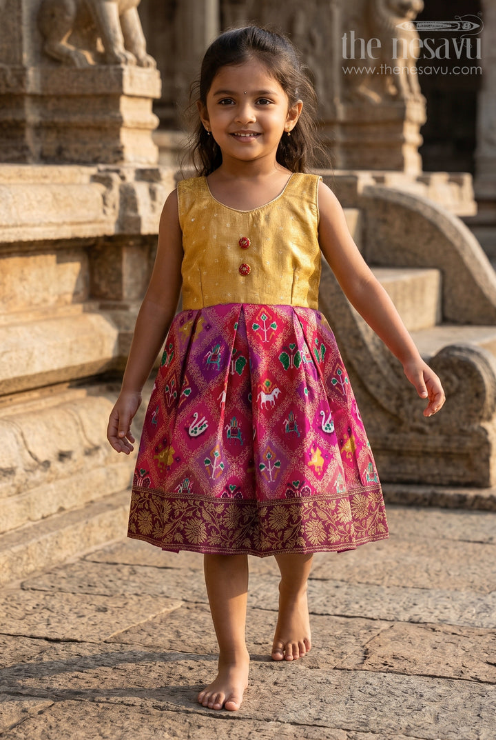 The Nesavu Silk Frock Baby Girl Silk Frock with Traditional Banarasi Motifs for Weddings and Ethnic Events Nesavu 18 (2Y) / Maroon SF1085A-18 Nesavu baby girl semi Banaras silk frock with tissue yoke and ethnic motifs for special occasions