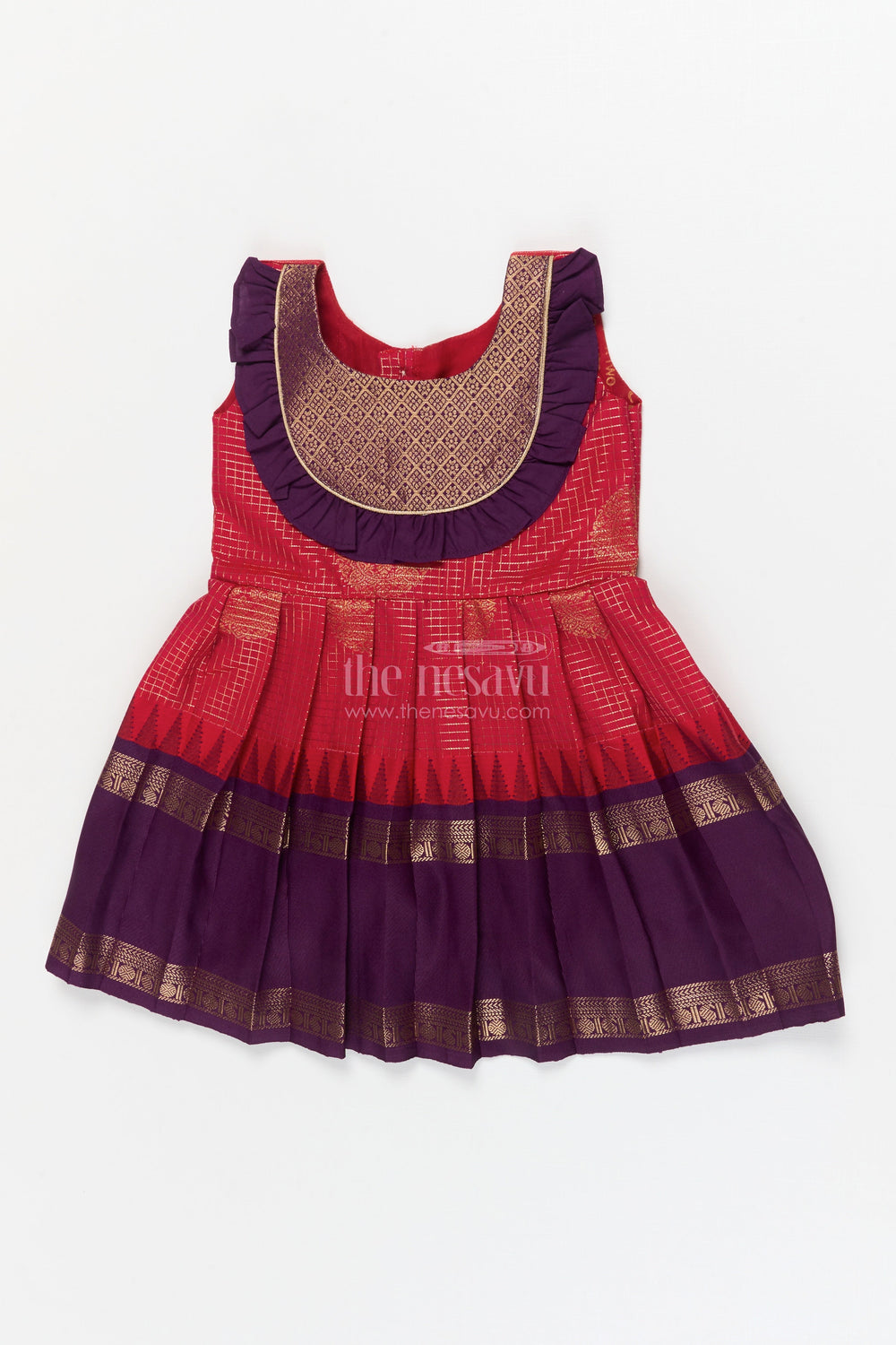The Nesavu Girls Kanchi Silk Frock Baby Girl Silk Frock with Traditional Zari Detailing and Festive Neckline Nesavu 14 (6M) / Orange / Style 1 KSF036MA-14 Nesavu traditional silk frock for baby girls with zari checks and frill yoke