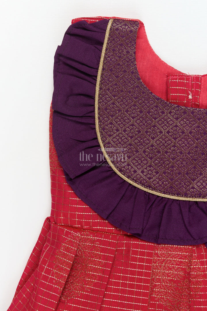 The Nesavu Girls Kanchi Silk Frock Baby Girl Silk Frock with Traditional Zari Detailing and Festive Neckline Nesavu Nesavu traditional silk frock for baby girls with zari checks and frill yoke